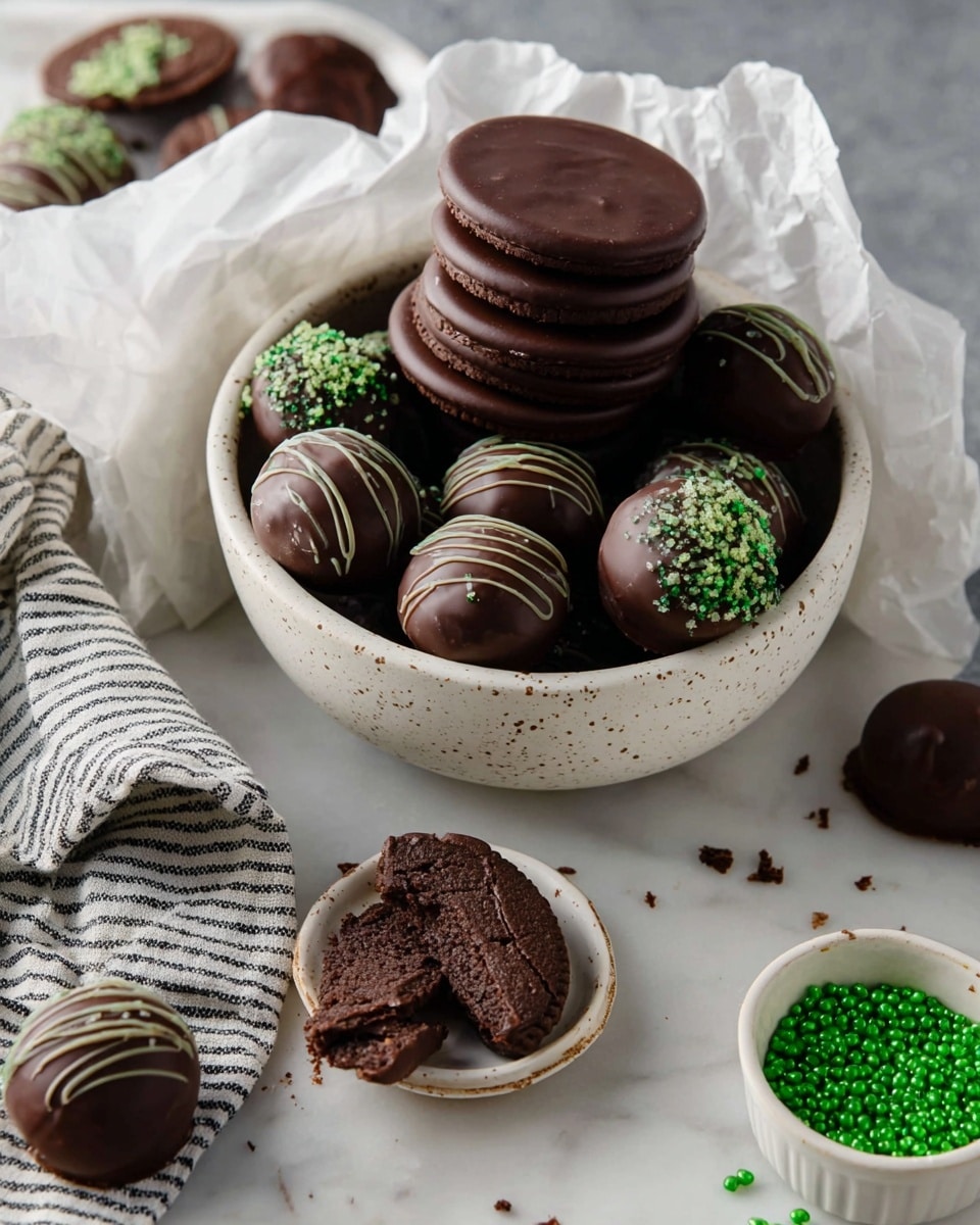 A white speckled plate filled with round chocolate truffles, some topped with small green sugar balls and others drizzled with thin lines of chocolate, creating a textured look. One truffle is bitten, showing a dense, crumbly chocolate center inside. Next to the truffles are smooth round chocolate cookies placed inside a small white bowl with dark speckles, all set on a white marbled surface. The overall color tone is dark brown chocolate contrasted with the bright green sugar sprinkles and the light dish and background. Photo taken with an iphone --ar 4:5 --v 7