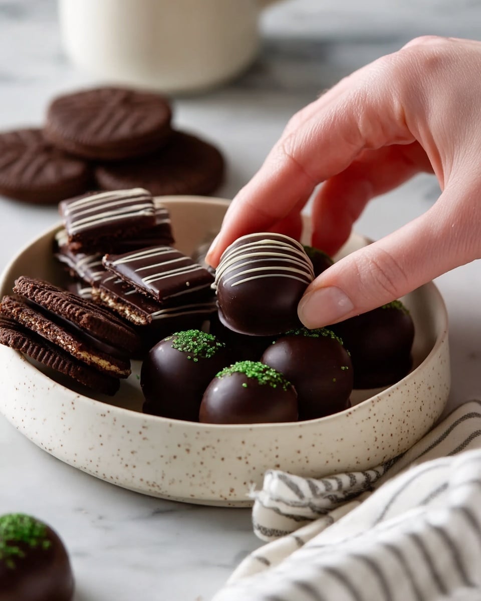 A white speckled bowl holds two layers of chocolate treats; the bottom layer is small, round chocolate-covered balls, some decorated with green sprinkles and others with thin chocolate lines on top, all dark brown and smooth. Inside the same bowl, a smaller white speckled bowl sits filled with a neat stack of dark chocolate-covered circular cookies with a matte finish. Around the bowls, broken pieces of similar dark chocolate cookies and a whole round cookie resting on a white marbled surface add texture and contrast. Nearby, a small white speckled bowl contains tiny green candy sprinkles. The whole setup is on crumpled white parchment paper with a striped cloth napkin on the side. The photo taken with an iphone --ar 4:5 --v 7