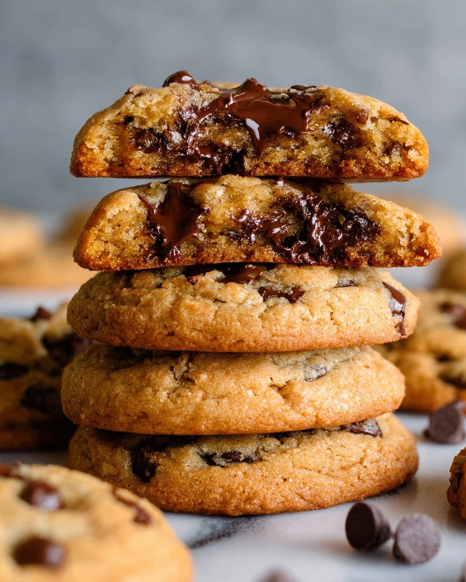 A stack of five thick, soft chocolate chip cookies is shown on a white marbled surface. The bottom four cookies have a warm golden-brown color with visible small chocolate chips embedded throughout. The top cookie is split in half, resting on the fourth cookie, revealing a moist, chewy interior with melted, shiny dark chocolate chips inside. In the background, there are more blurred cookies and scattered chocolate chips. The texture of the cookies looks soft and slightly crumbly. Photo taken with an iphone --ar 4:5 --v 7