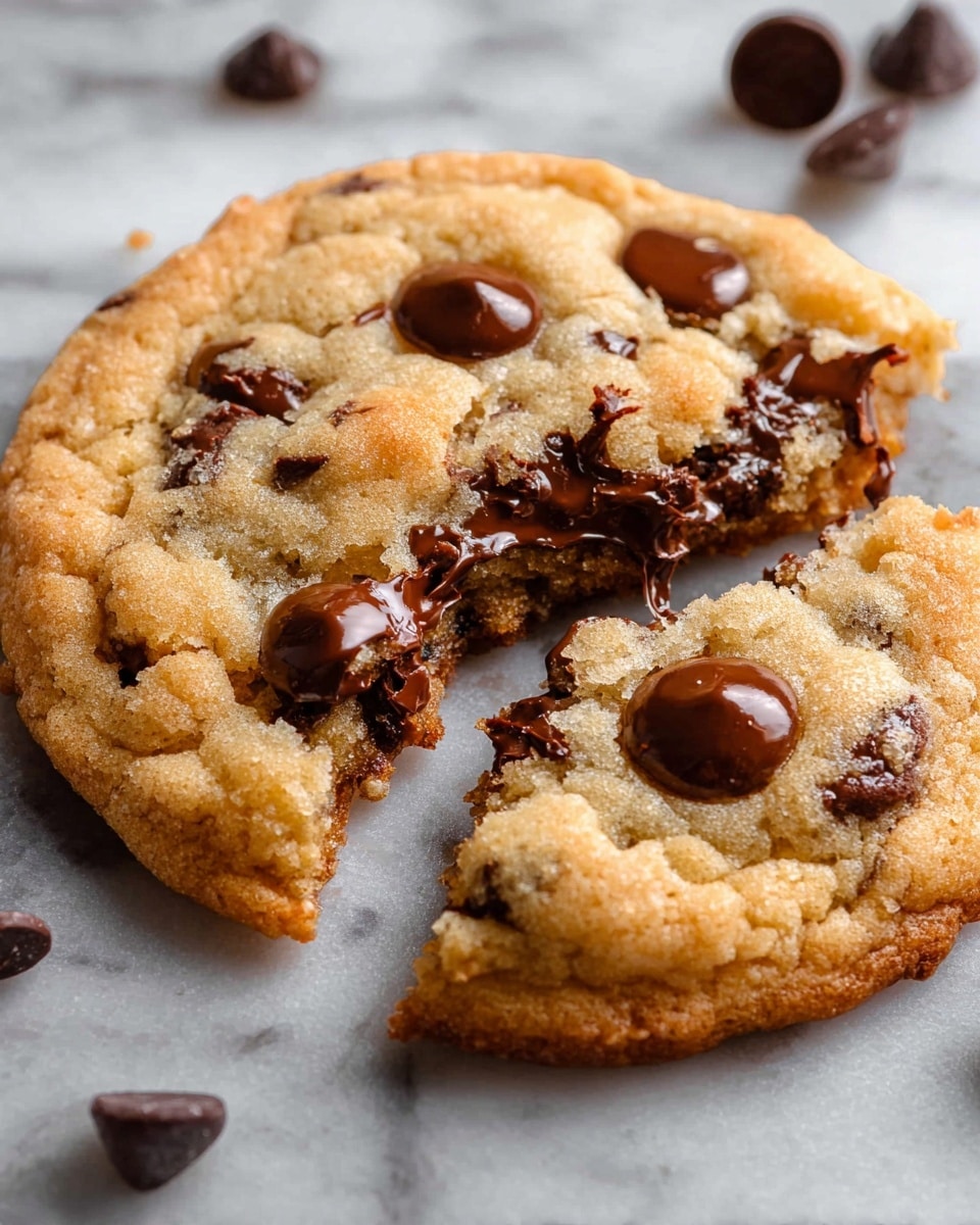 A close-up view of a single round cookie with a golden-brown edge and a softer, lighter tan center. The cookie is broken, showing thick, melted dark brown chocolate chips inside that are oozing slightly. The top surface has several smooth, shiny chocolate chips embedded and the texture looks slightly crumbly. The cookie rests directly on a white marbled surface with a few chocolate chips scattered near it. photo taken with an iphone --ar 4:5 --v 7