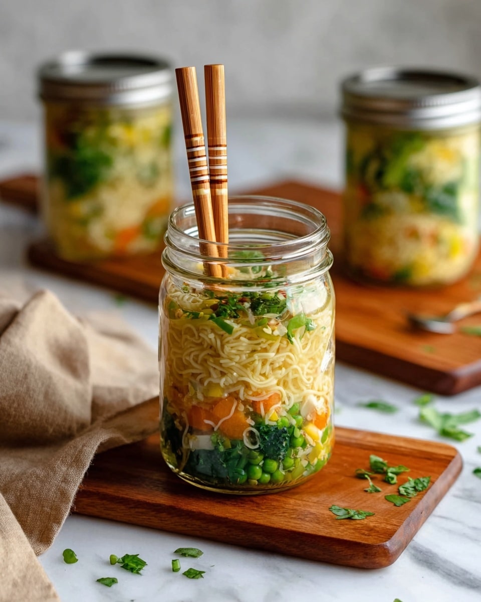 A clear glass jar filled with layered noodle soup sits on a white marbled surface with a wooden board underneath. The soup shows three main layers: the bottom layer has bright green vegetables and some orange chunks, the middle layer consists of pale yellow noodles mixed with more green vegetables, and the top layer has a light broth with bits of green herbs. Two long, striped bamboo chopsticks stand upright in the jar. In the background, two similar glass jars with metal lids and a wooden cutting board are slightly blurred. A beige cloth is casually placed to the left side. Photo taken with an iphone --ar 4:5 --v 7