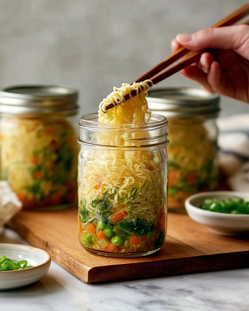 A clear glass jar filled with three visible layers of food sits on a wooden board over a white marbled surface. The bottom layer is green peas mixed with small orange carrot pieces, the middle layer is light yellow broth with bits of corn, and the top layer contains pale yellow noodles with a few green beans and chopped green onions on top. Behind the jar, there are two other similar jars with the same contents, along with a pair of wooden chopsticks resting on the board to the right of the jar and a gray cloth on the left. Two wooden cutting boards lean against a light gray wall in the background. Photo taken with an iphone --ar 4:5 --v 7