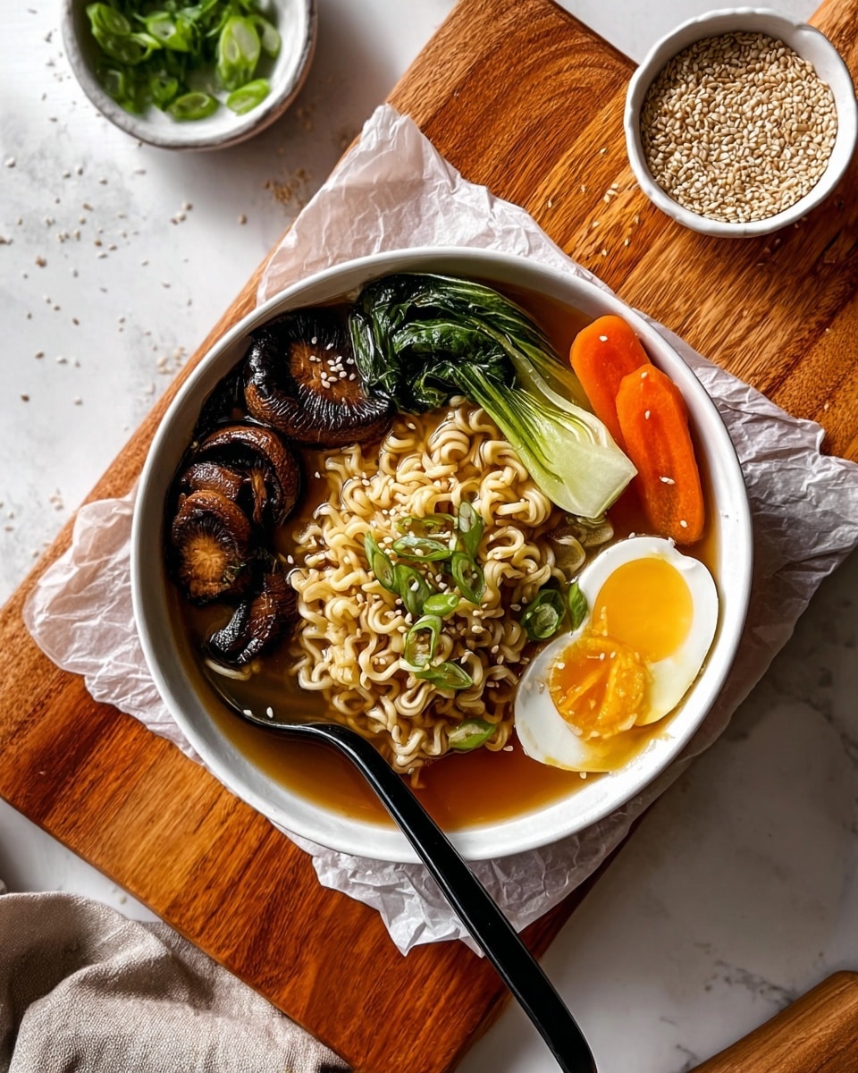 A white bowl filled with light brown broth topped with a mound of curly beige noodles in the center, surrounded by dark brown shiitake mushrooms on the left, bright orange carrot slices on the right, and pale green bok choy leaves in the back. On the right side of the bowl, half of a soft-boiled egg with a white outer layer and bright yellow yolk is placed. A black spoon rests partially in the broth on the left side of the bowl. The bowl sits on crinkled white parchment paper atop a wooden cutting board, all set against a white marbled surface with scattered white sesame seeds and a small white bowl of light green sliced scallions nearby. Photo taken with an iphone --ar 4:5 --v 7