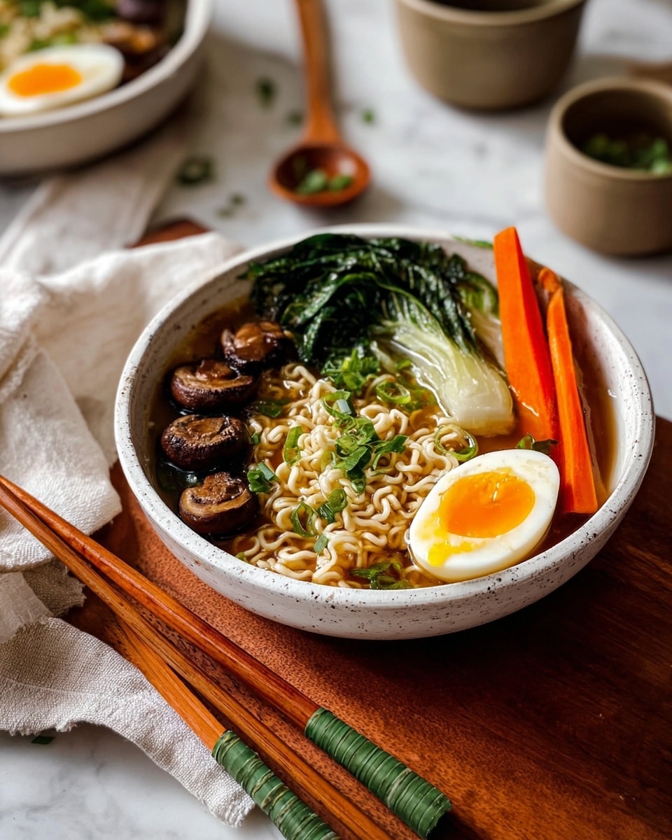 The dish is a bowl of ramen placed on a wooden board lined with white paper. The bowl is white with a speckled texture and holds several distinct layers: at the center, light brown ramen noodles form a loose mound sprinkled with small green chopped scallions; to the left and partially underneath, there are round, dark brown mushrooms with visible gills; behind the noodles is a bright green leafy vegetable resembling bok choy; to the right of the noodles, there is a half of a boiled egg with a white outer layer and a bright yellow yolk. Next to the egg are two long, thick orange carrot slices. The bowl is on a white marbled surface with scattered sesame seeds and green scallion slices around. A beige cloth and small wooden bowls with garnishes are in the background. Photo taken with an iphone --ar 4:5 --v 7