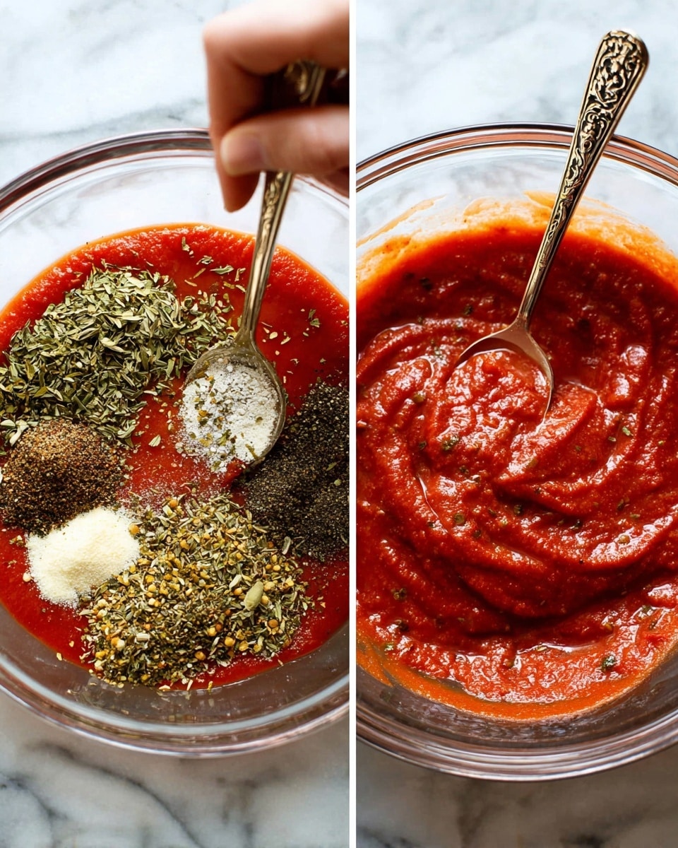 The image shows a clear glass bowl with two views placed side by side on a white marbled surface. On the left side, the bowl contains bright red tomato sauce at the bottom with several green dried herbs scattered on top, including oregano and other seasonings in piles of varied textures and colors such as black, white, and yellow. A woman's hand holds a spoon with a patterned handle, resting on the sauce near the seasonings. On the right side, the same bowl shows the sauce fully mixed, creating a smooth, thick, richly textured red sauce with visible small bits of herbs and a shiny surface around the edges. The spoon remains inside the bowl with the patterned handle visible. Photo taken with an iphone --ar 4:5 --v 7