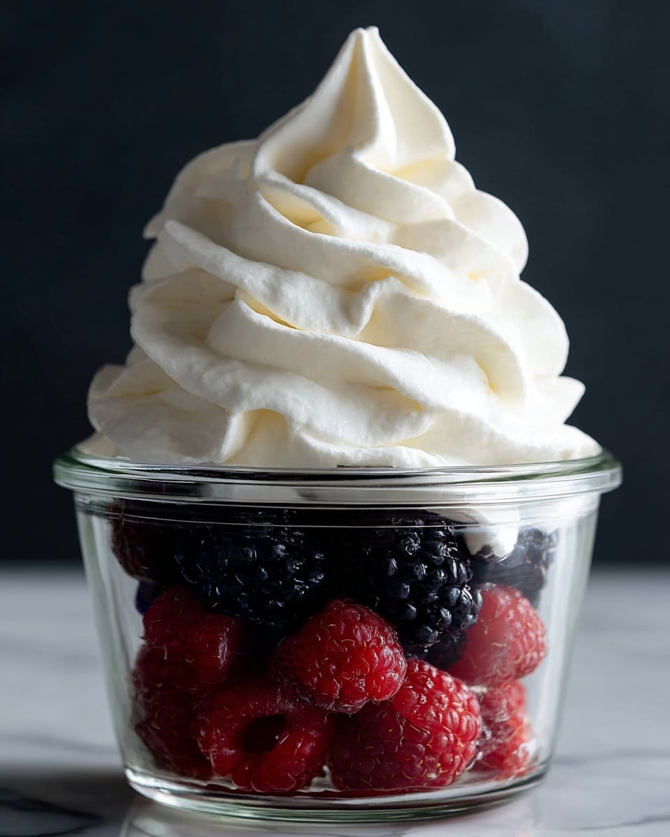 The image shows a clear glass jar filled with three layers: the bottom layer consists of bright red raspberries, the middle layer is made of dark blackberries, and the top layer is a large, fluffy swirl of white whipped cream that rises high above the jar's rim with soft, smooth texture and gentle folds. The jar is placed on a white marbled surface, and the background is dark gray, which makes the colors of the berries and whipped cream stand out vividly. photo taken with an iphone --ar 4:5 --v 7