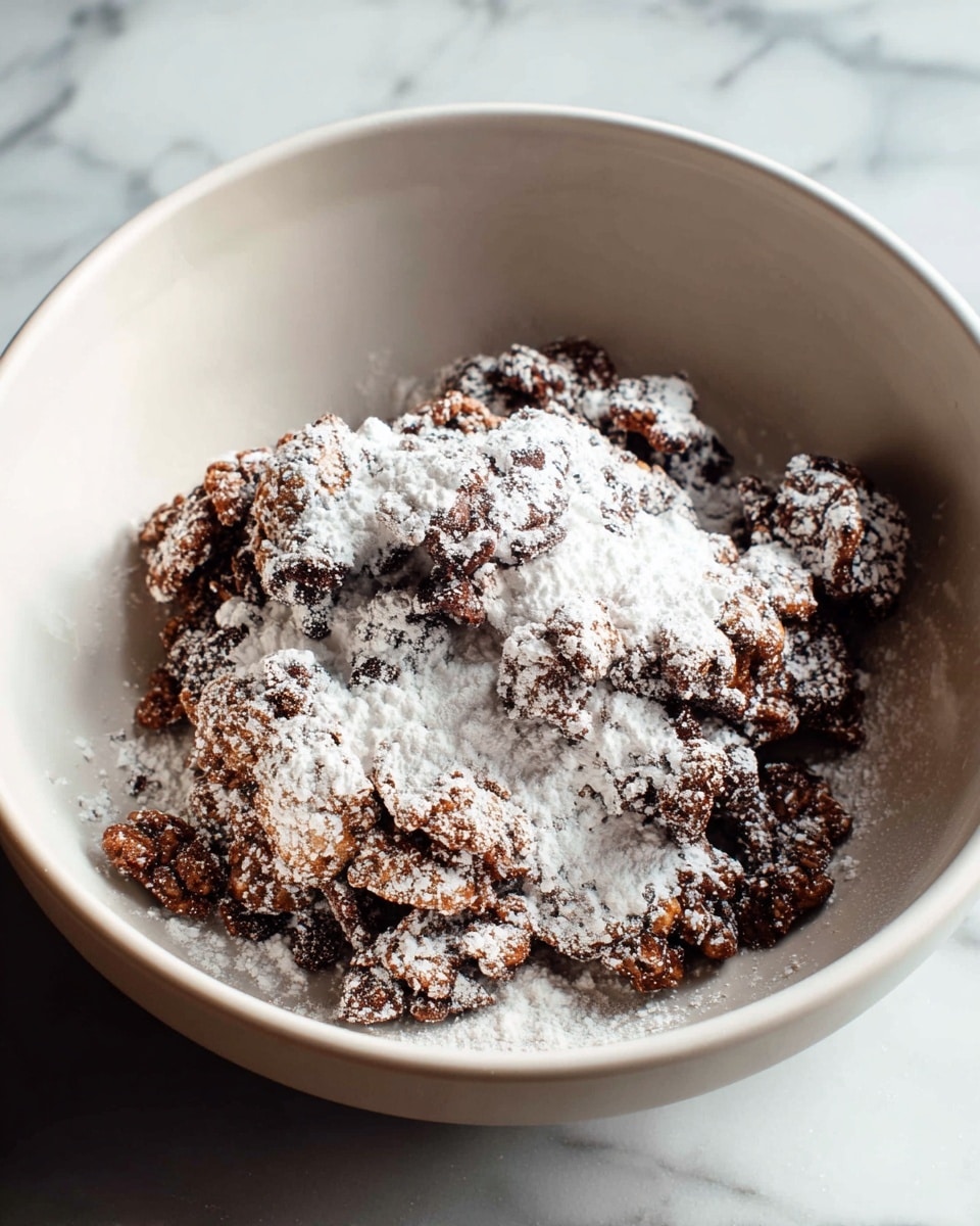 A white bowl is full of small square pieces of chocolate snack that look crunchy, each piece covered thickly in white powdered sugar, showing some brown underneath. The snack has a rough texture with uneven edges and powder spread everywhere on top. The bowl sits on a white marbled surface with a bit of blurred green and orange objects in the background. Photo taken with an iphone --ar 4:5 --v 7