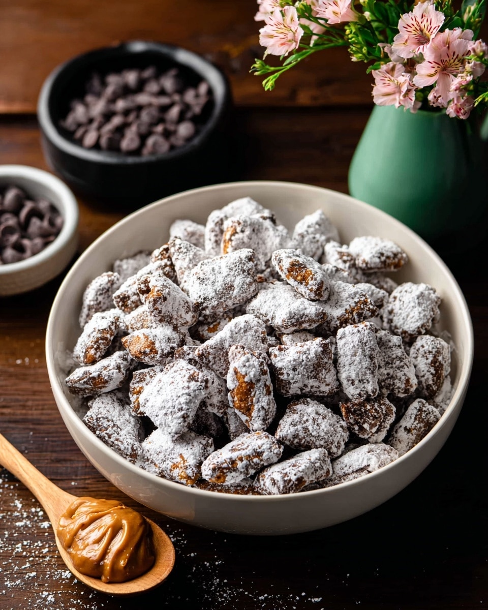 A white bowl filled with many small, irregularly shaped pieces coated thickly in white powdered sugar creating a rough, snowy texture that covers darker crunchy bits underneath. The bowl sits on a dark wooden surface, beside a wooden spoon holding creamy light brown peanut butter and a small black dish filled with dark chocolate chips. In the background, there is a small green vase with light pink flowers. The whole scene has a cozy, homemade feel. photo taken with an iphone --ar 4:5 --v 7