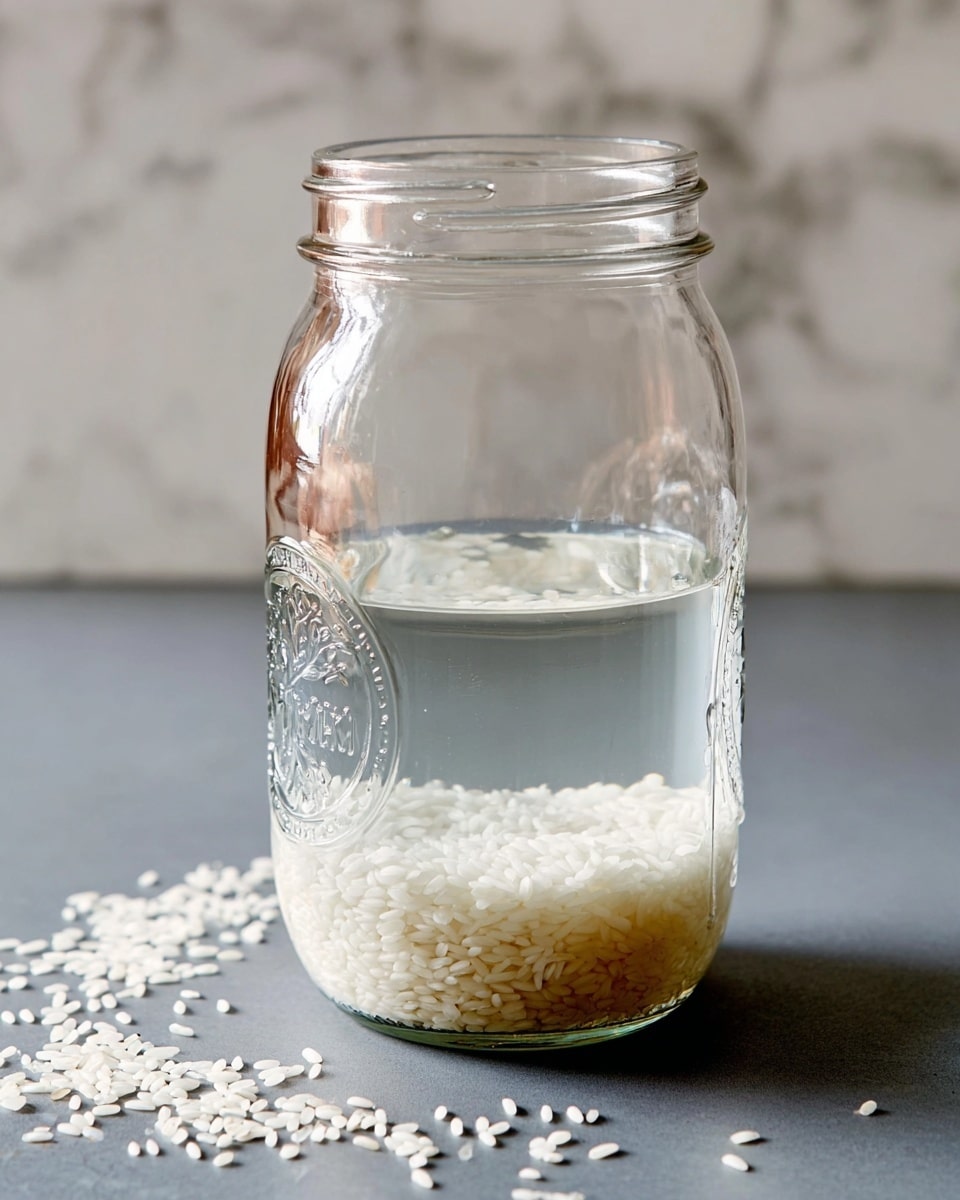 A clear glass jar filled with water shows a layer of white rice grains settled at the bottom. The jar has a smooth surface and an embossed fruit design on the front. The rice sits densely on the bottom, while the upper part of the jar contains clear, slightly cloudy water. The jar is placed on a gray surface with scattered rice grains around it, and the background is a white marbled texture. Photo taken with an iphone --ar 4:5 --v 7