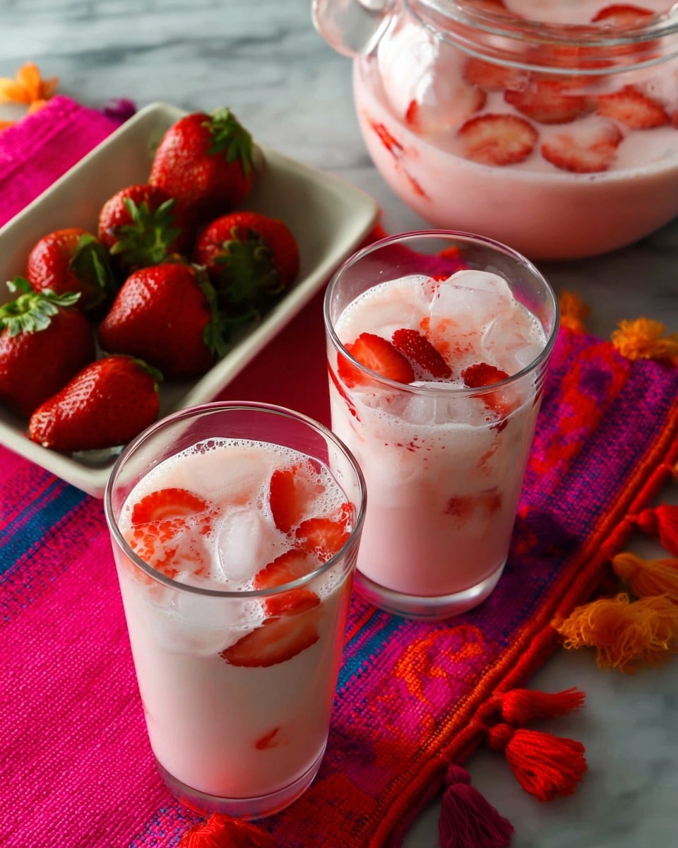 Two tall clear glasses with a blue rim are filled with a light pink drink containing ice cubes and visible slices of fresh strawberries. One glass has a whole strawberry with green leaves placed on its rim. Behind the glasses, there is a large clear pitcher filled with the same pink strawberry drink with pieces of fruit inside. To the left, a white container holds several whole strawberries with green leaves. The items sit on a bright pink woven cloth with colorful patterns, all set on a white marbled surface. photo taken with an iphone --ar 4:5 --v 7