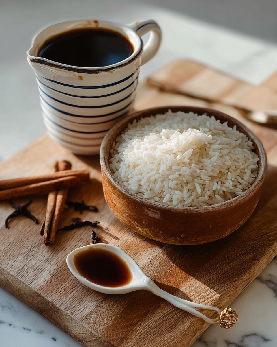 A close-up of a white ceramic jug with blue horizontal stripes filled with dark brown liquid, placed behind a round brown bowl filled with uncooked white rice, set on a light wooden board. To the left of the bowl, there are two cinnamon sticks and some small dark cloves scattered on the board. Below the bowl, a white ceramic spoon with a glossy brown sauce inside rests on the board. The scene is set on a white marbled surface with soft natural light, highlighting the textures of the rice and the wood. Photo taken with an iphone --ar 4:5 --v 7