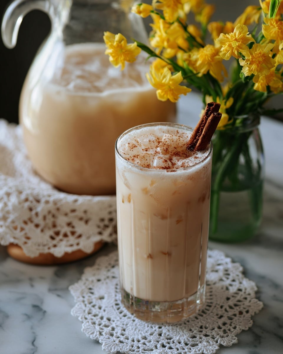 A tall clear glass filled with a creamy light tan drink with a foamy top layer, sprinkled with brown spice powder, and a dark brown cinnamon stick resting on the foam. The glass shows some ice cubes inside the drink. The glass is placed on a white lace doily on a white marbled surface. Behind the glass, there is a large clear pitcher filled with the same creamy drink, and to the right, a small vase holding bright yellow flowers with green stems. Photo taken with an iphone --ar 4:5 --v 7