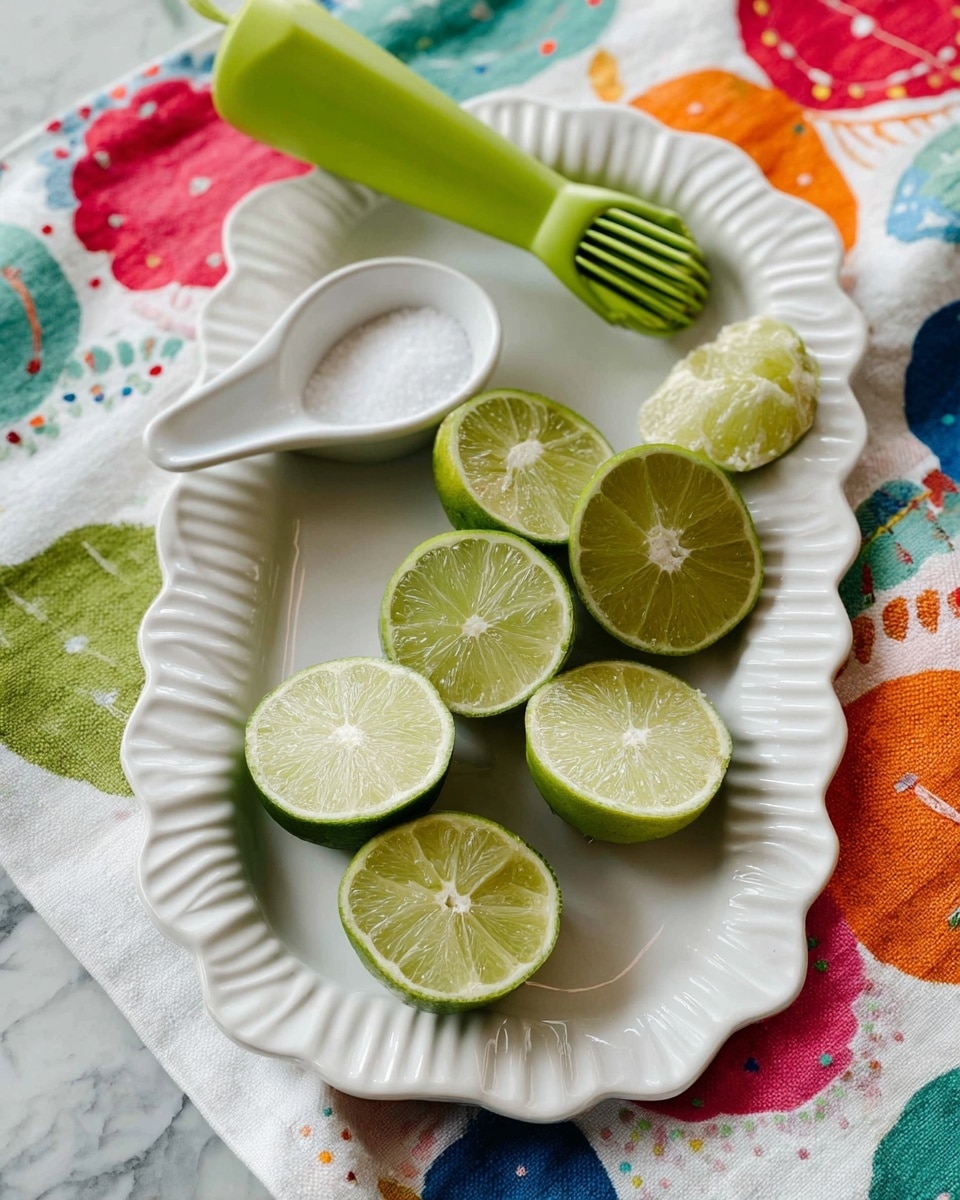 A white ornate tray with a raised patterned edge holds seven lime halves arranged casually, showing their bright green skins and pale green juicy interiors. A green citrus squeezer lies diagonally at the top left corner of the tray. A small white scoop filled with white granulated sugar rests beside the lime halves. The tray is placed on a white marbled surface, partially covered with a colorful cloth with embroidered multicolored shapes in red, blue, green, and orange. Photo taken with an iphone --ar 4:5 --v 7