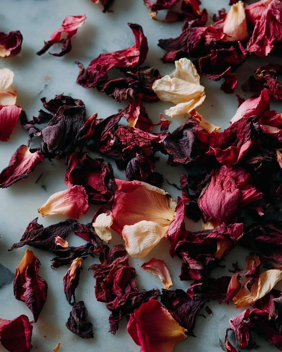 The image shows scattered dried flower petals with deep dark red, purple, and some light beige tones spread unevenly over a smooth white marbled surface. The petals have a wrinkled texture, some thin and curled, others wider and more crinkled, creating a rough and varied look. There is no distinct layering, just overlapping natural shapes with soft shadows enhancing their depth. Photo taken with an iphone --ar 4:5 --v 7