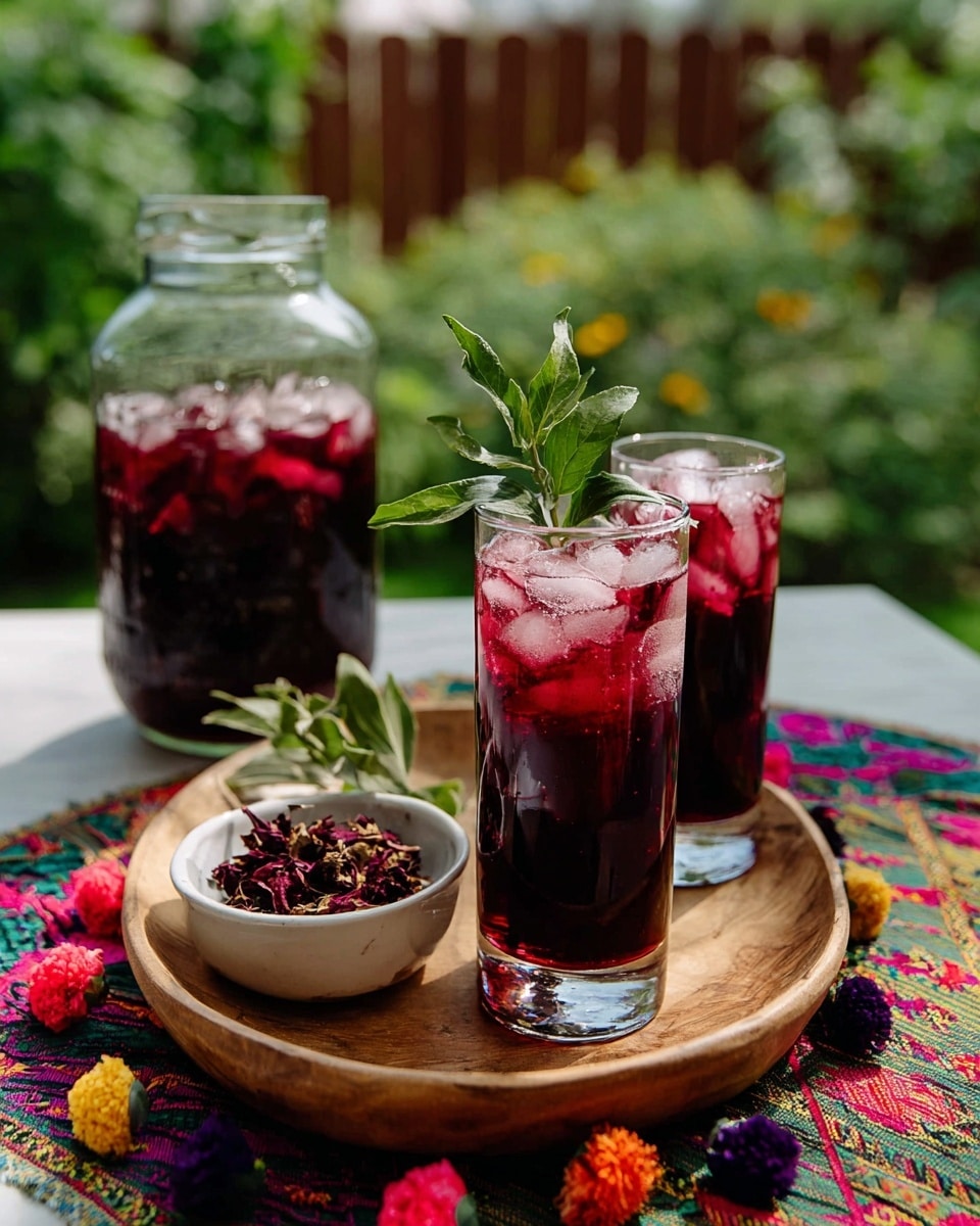 Two tall clear glasses filled with dark red iced drink sit inside a round white wooden bowl, layered with ice cubes showing a lighter red on top, one glass garnished with a green leafy stem. Beside the glasses, a small white ceramic bowl holds dried dark red flower petals. In the background, a clear glass jar filled halfway with the same dark red drink and ice cubes sits on a colorful woven cloth with bright patterns and pom-poms, all placed on a surface with white marbled texture and blurred green garden and brown fence behind. photo taken with an iphone --ar 4:5 --v 7