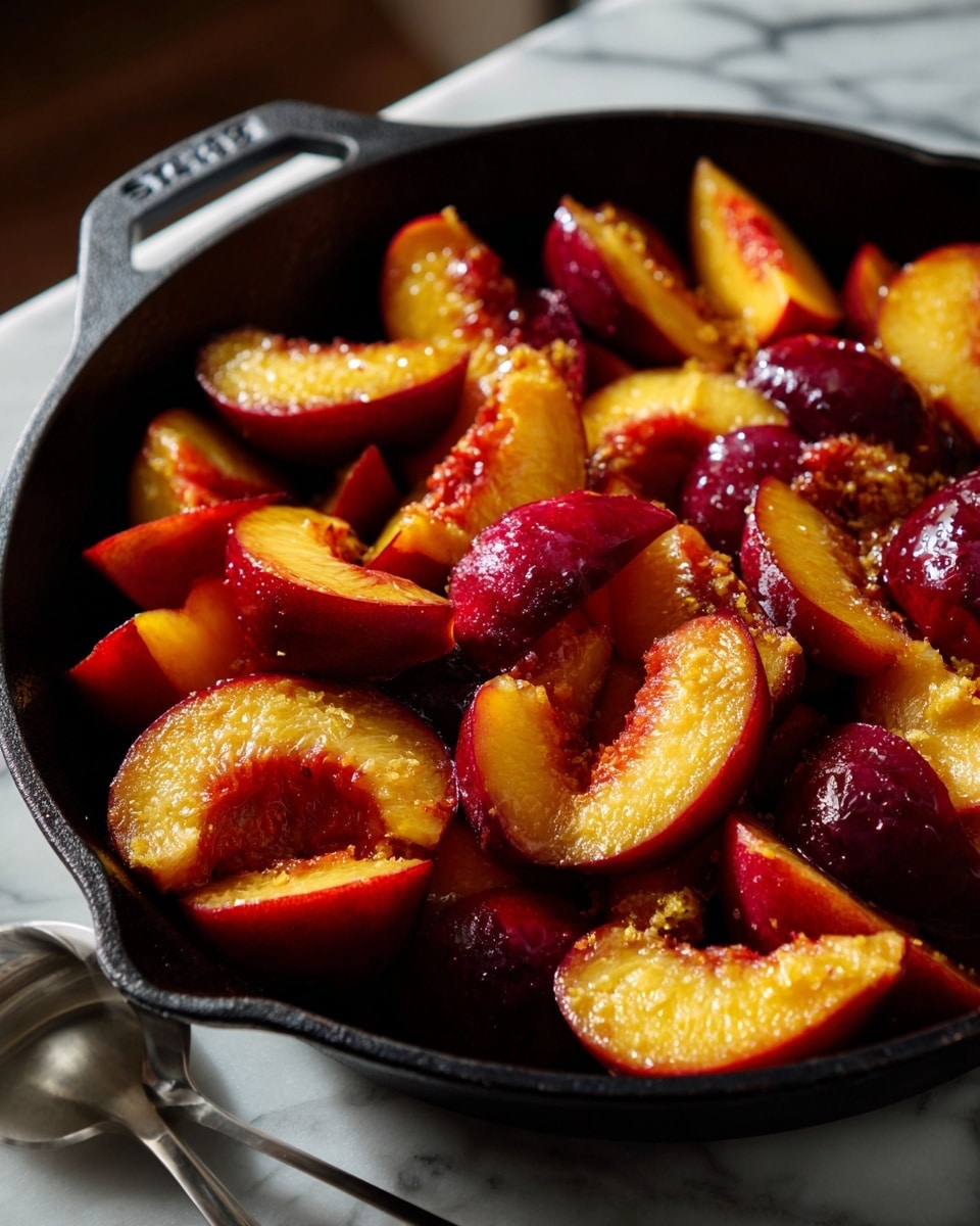 This image shows a white oval plate filled with a fruit crumble dessert. The dessert has three main layers: pieces of soft peach slices with orange and red skins found throughout, a crumbly golden-brown topping mixed in and on top, and three scoops of melting white ice cream placed on and around the crumble. A silver spoon sits inside the dessert on the left side, partly submerged in the juicy fruit and melting ice cream. The plate rests on a white marbled surface. The colors are warm and inviting with creamy white, golden brown, and bright orange shades. photo taken with an iphone --ar 4:5 --v 7