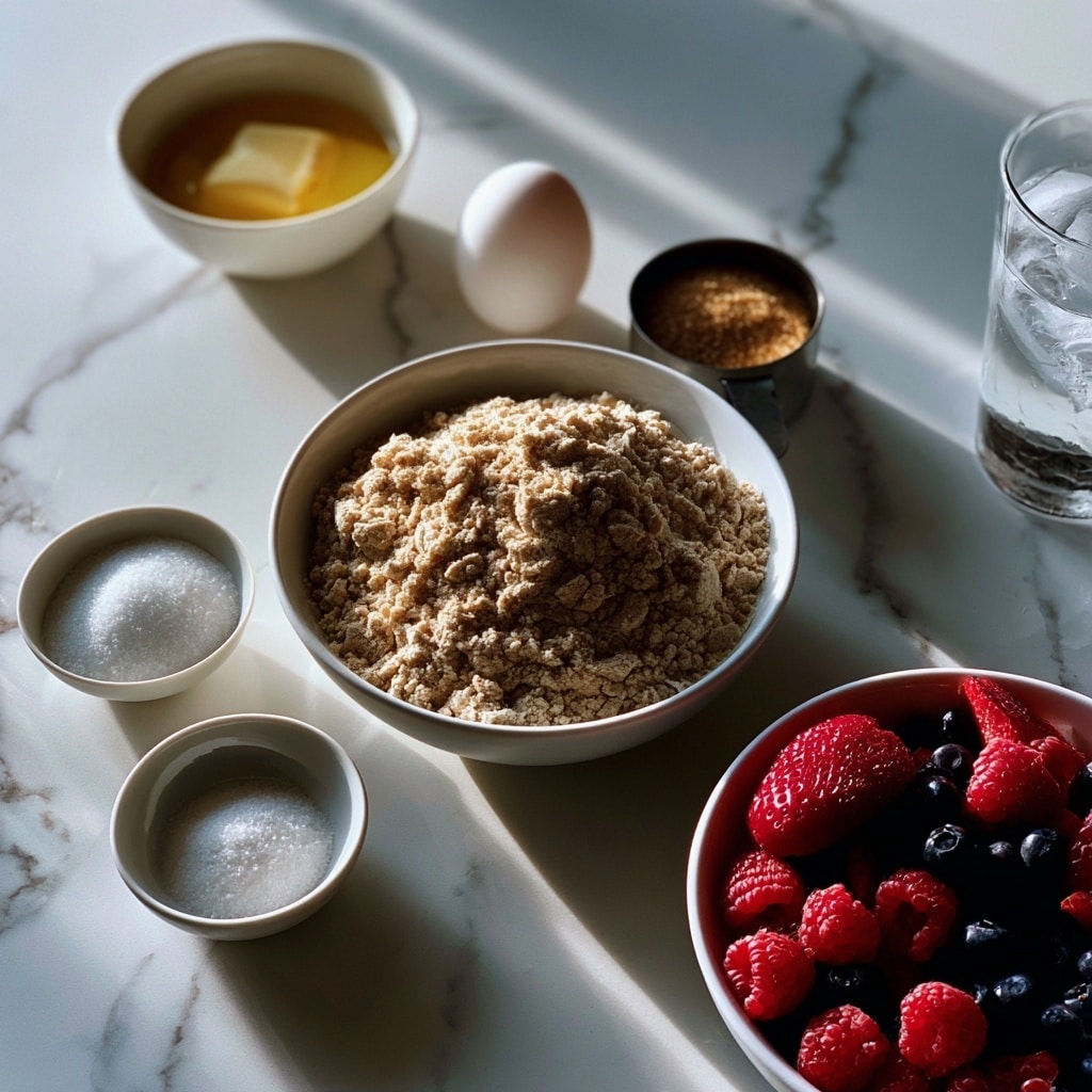 This image shows several baking ingredients arranged on a white marbled surface. In the center is a white bowl filled with light brown flour with some texture. To the left of the bowl, there is a stick of butter wrapped in paper with blue text, and below it are a small white bowl with white sugar and another small white bowl with salt. Above the sugar is a small white bowl with melted butter. Next to the melted butter, there is a single white egg standing upright. To the right of the flour bowl, a small dark measuring cup holds brown sugar. At the bottom right corner, a white bowl contains a mix of red strawberries, raspberries, and dark blueberries. Also visible on the right side is a clear glass with ice water. Photo taken with an iphone --ar 4:5 --v 7
