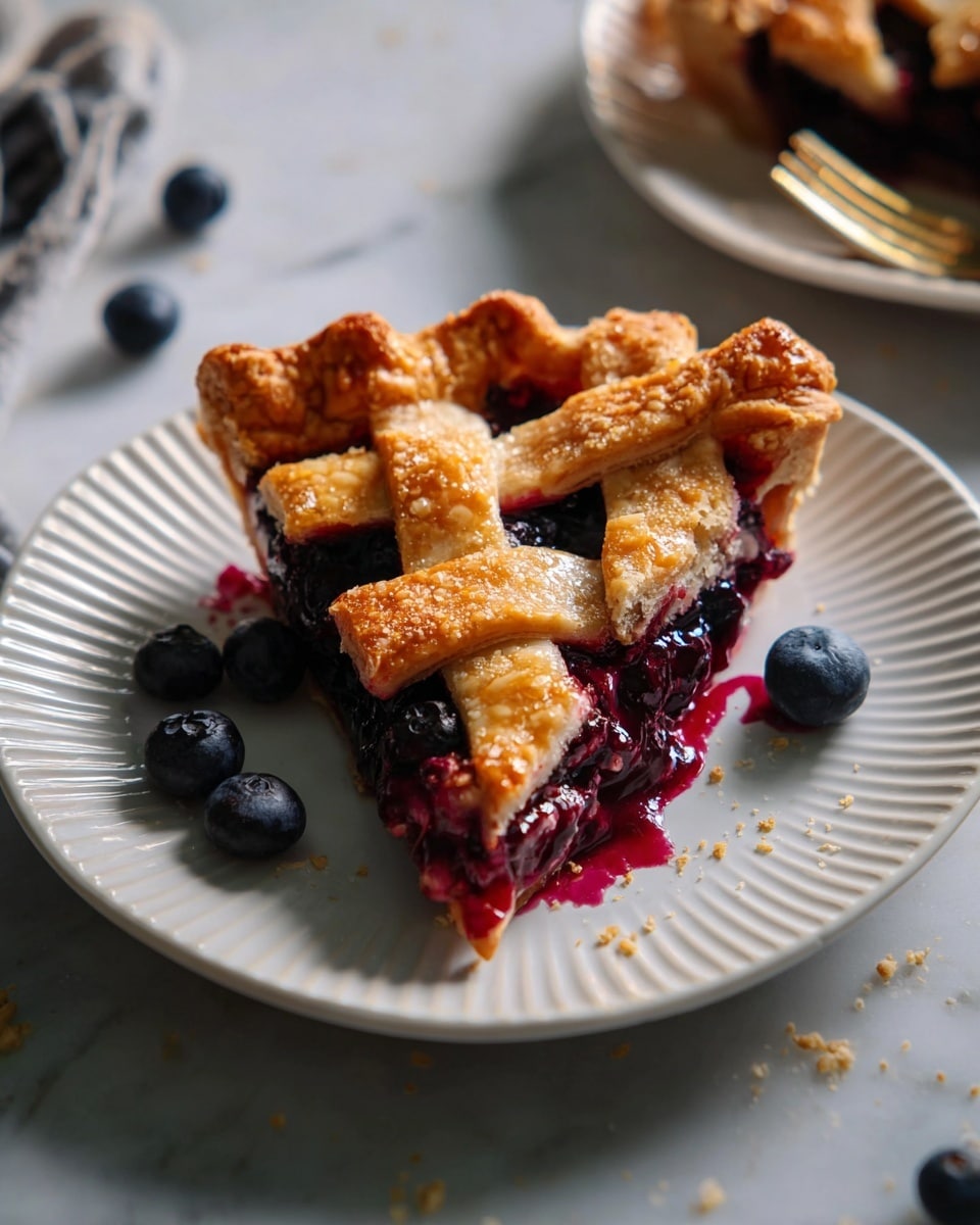 A rectangular pie with a golden brown lattice crust on top, showing a deep red and dark purple fruit filling underneath. The lattice strips are thick and woven in a crisscross pattern with a slightly rough texture and some sugar crystals sprinkled over them. Scattered on the pie and filling are small, fresh blueberries adding dark blue spots on the surface. The pie is inside a metal pan with edges crimped neatly. Around the pan, on a white marbled surface, there is a small white bowl filled with fresh blueberries and a woman's hand resting near the bottom left corner of the frame. Photo taken with an iphone --ar 4:5 --v 7