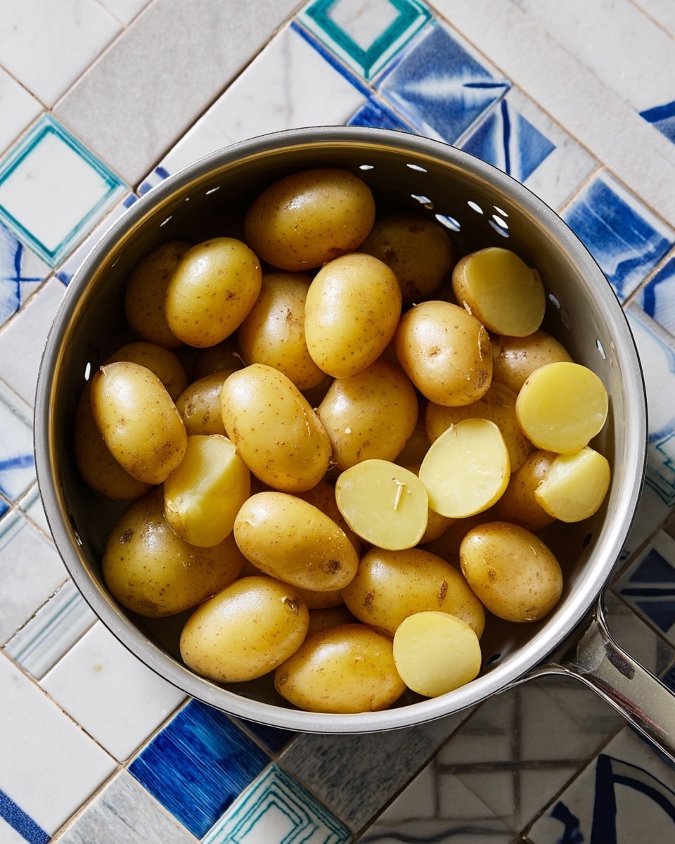 A white bowl is filled with small round yellow potatoes that are halved, mixed with finely chopped leafy greens and fresh herbs like dill, giving a speckled green look on top of the potatoes. There are also small pieces of sliced green onions and thinly sliced light yellow or white vegetable bits scattered throughout. A silver fork is placed inside the bowl on the right side. The dish rests on a white marbled surface with a blue-and-white patterned cloth nearby, and in the background, there is another white bowl with the same dish and a textured blue-tinted glass. Photo taken with an iphone --ar 4:5 --v 7