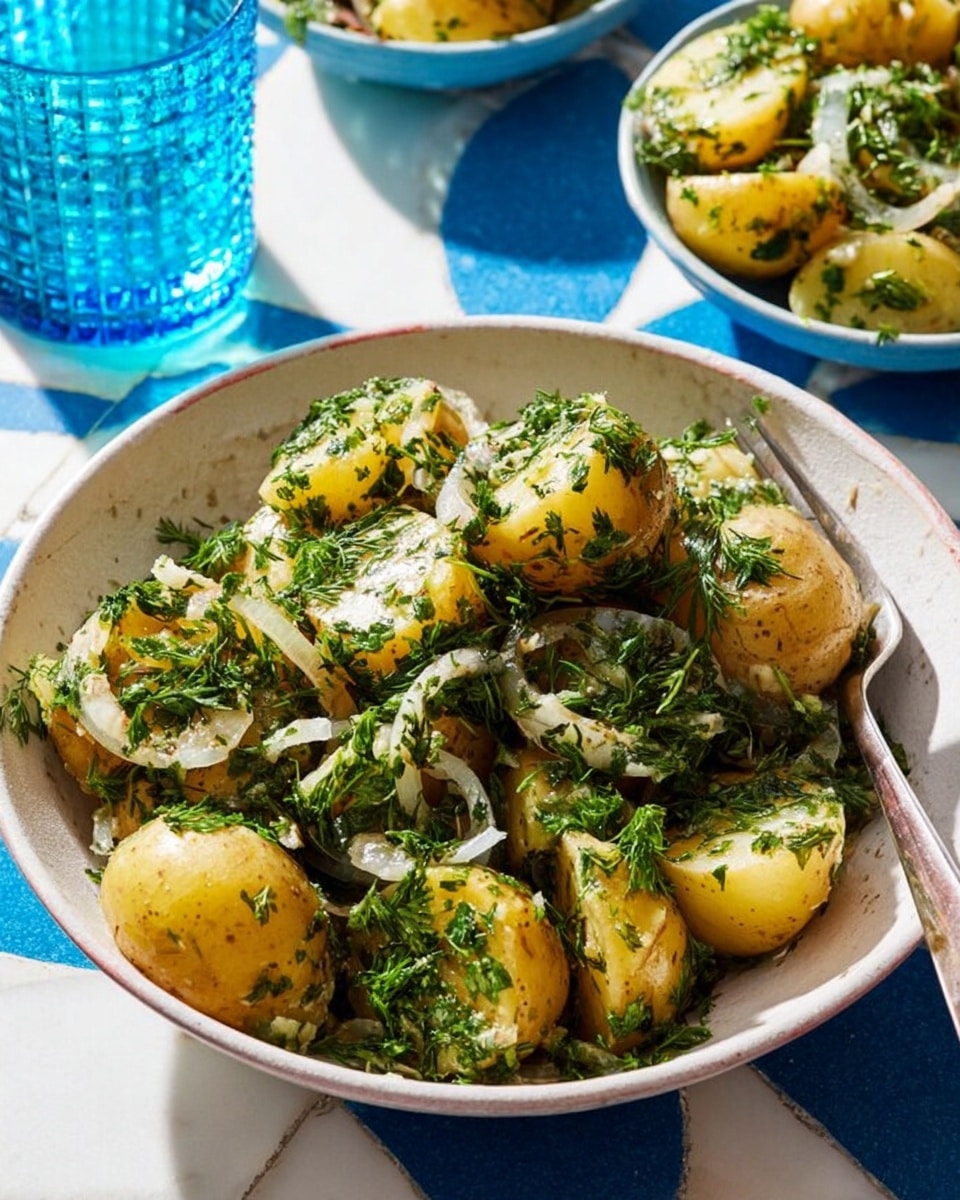 The dish is a white bowl filled with halved yellow potatoes mixed with thinly sliced green herbs and finely chopped white onion pieces. The potatoes' smooth texture contrasts with the delicate, feathery green herbs scattered evenly on top and throughout the mix. A silver fork rests inside the bowl on the right side. The bowl is on a white marbled surface with blue pattern tiles visible near the edges. A textured bright blue glass is placed next to the bowl on the left side. Another bowl with the same mix is blurred slightly in the upper right corner. photo taken with an iphone --ar 4:5 --v 7