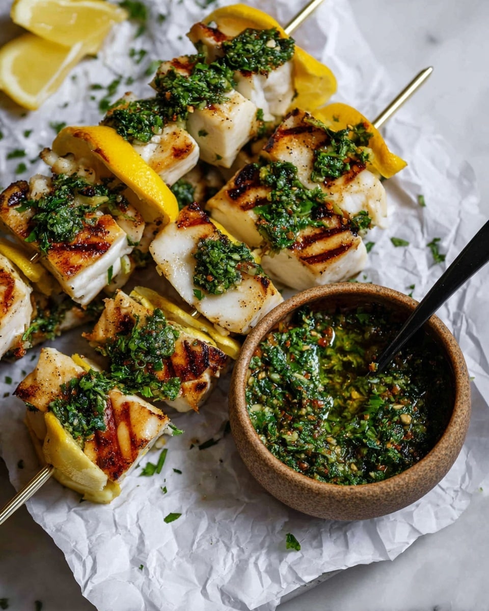 Juicy Grilled Swordfish Skewers with Italian Salsa Verde Recipe