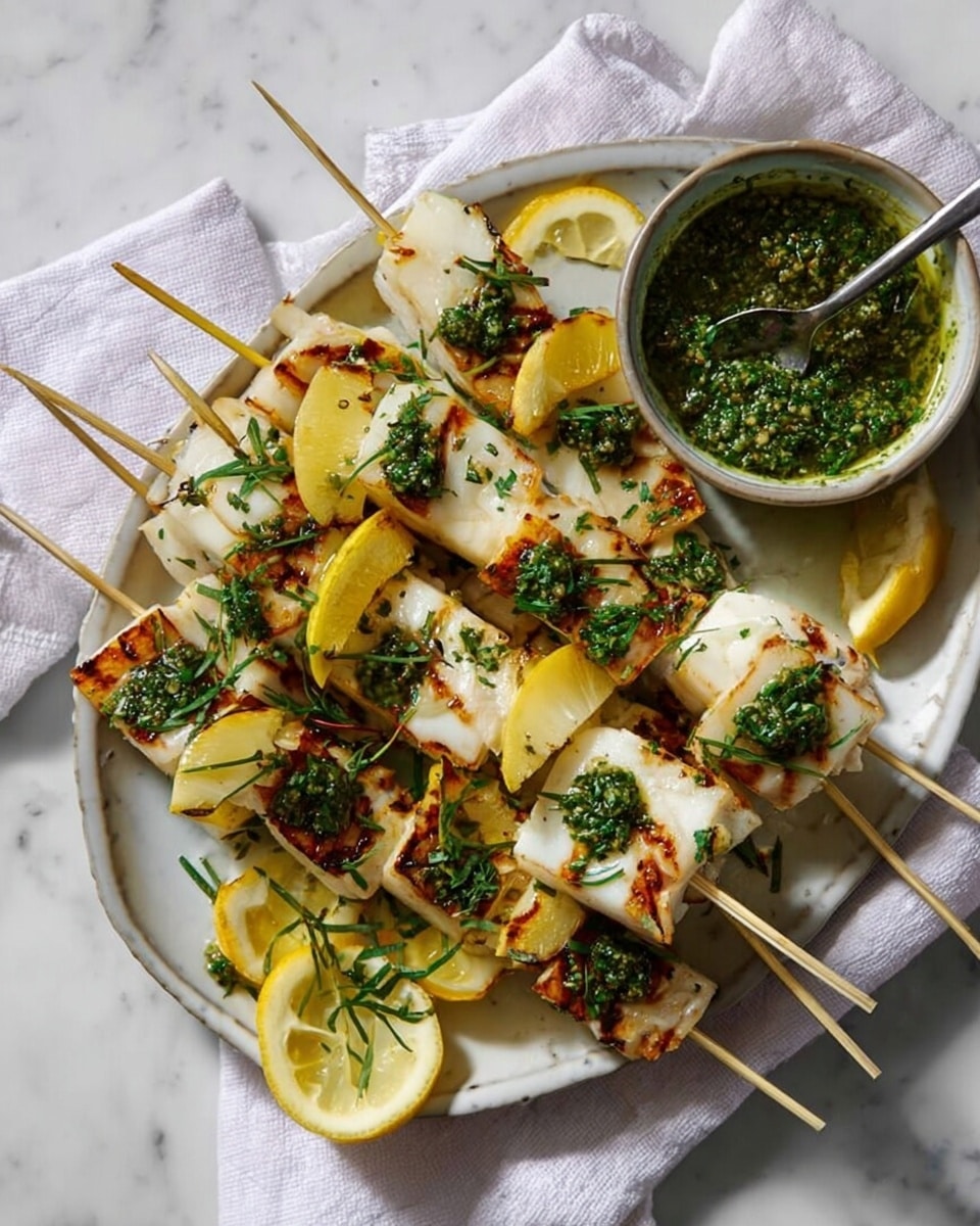 A white round plate with a white cloth on it holds several metal skewers each threaded with grilled white fish pieces showing light brown grill marks, and yellow lemon slices between the fish. The fish is topped with small green herb sauce dollops. At the top right of the plate, there is a small bowl filled with the same green herb sauce and a spoon resting inside. The background is white marbled texture. photo taken with an iphone --ar 4:5 --v 7