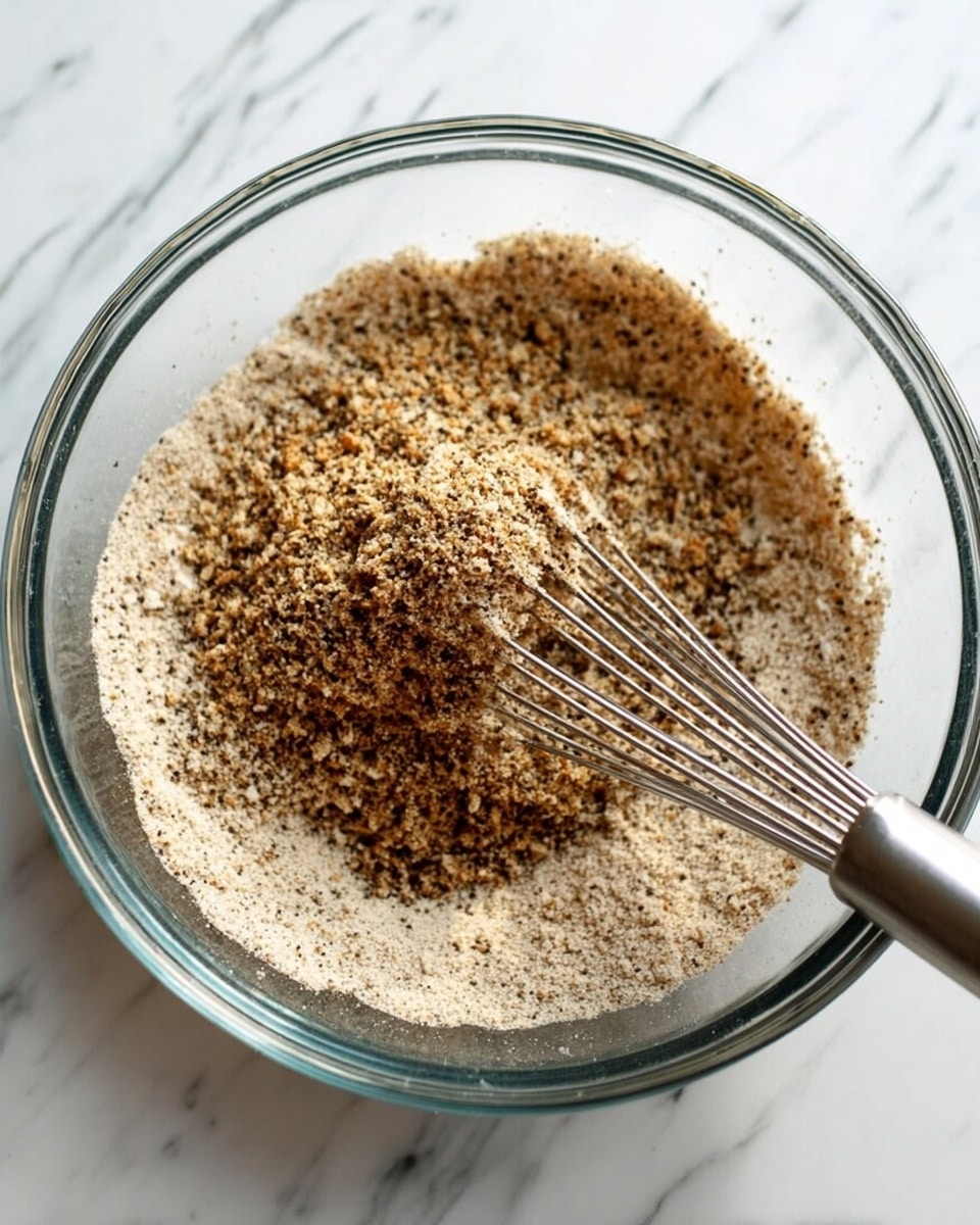 A clear glass bowl sits on a white marbled surface, filled with a dry mix of light beige and dark speckled brown powder. A silver metal whisk is partially buried in the mix, its thin wires coated with the powder, lying diagonally across the bowl from the bottom left to the top right. The texture of the mixture looks crumbly and slightly coarse, with uneven patches of darker brown throughout the lighter base. The bowl edges are clear and smooth, and the mix clings slightly to the inside sides. photo taken with an iphone --ar 4:5 --v 7