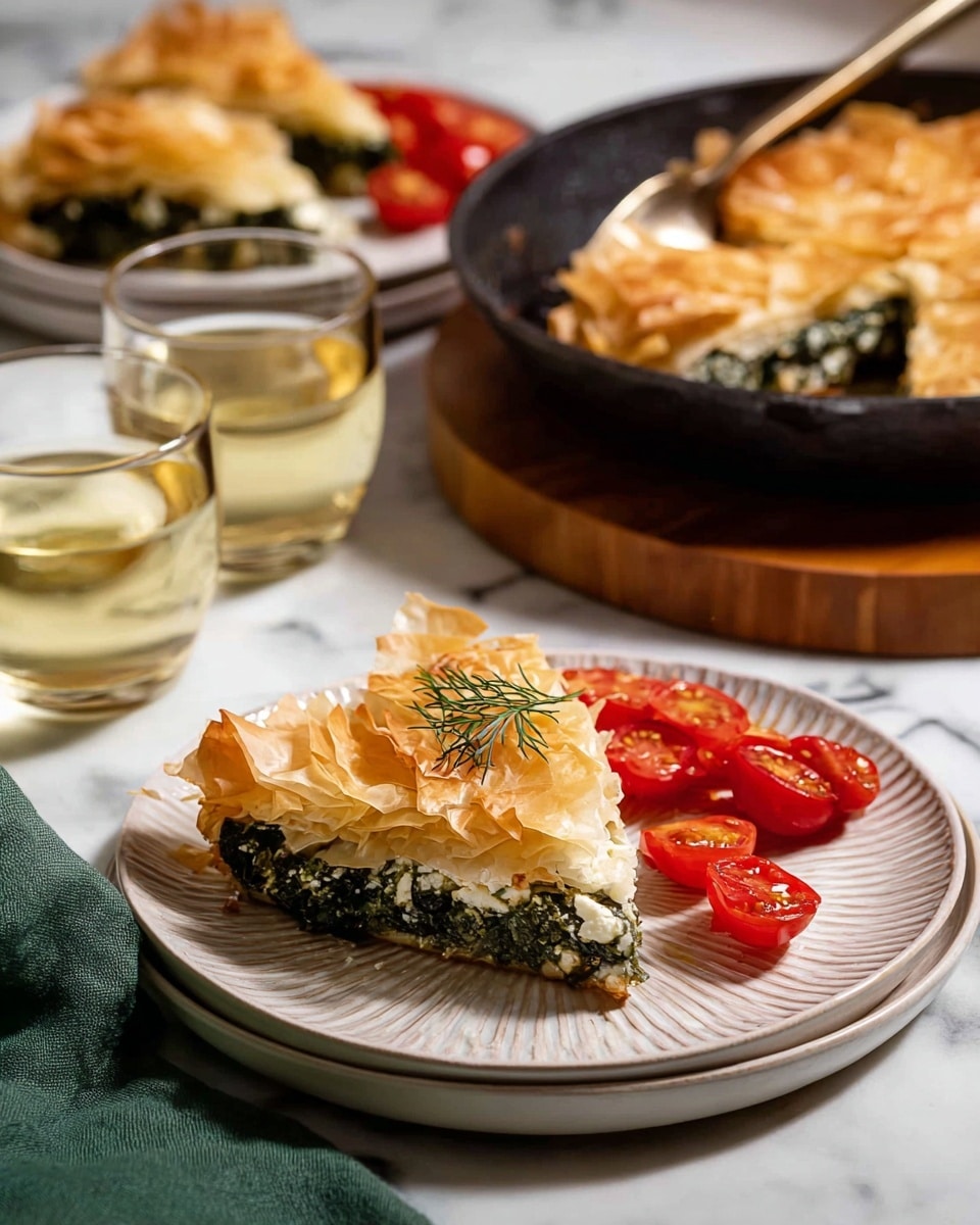 A slice of pie with three visible layers: the bottom layer is dark green spinach, the middle layer is white cheese, and the top layer is golden brown crispy phyllo dough with flaky texture, all on a white plate with a ridged rim. Next to the pie, there are halved bright red cherry tomatoes with a small sprig of dill on top. In the background, there is a black pan holding the rest of the pie on a round wooden board. Two clear glasses of light yellow drink sit beside another white plate with more pie slices, all on a white marbled surface with a green cloth partially visible. photo taken with an iphone --ar 4:5 --v 7