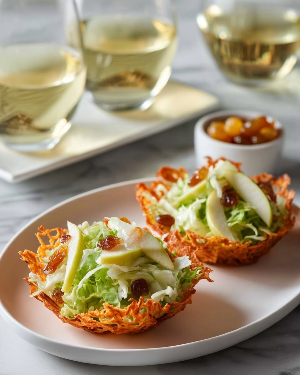 There are three crispy, orange cheese cups arranged in a slightly diagonal line on a white marbled surface. Each cup is filled with a colorful salad that has layers of shredded green cabbage, light yellow apple slices, and dark green raisins mixed together, giving a fresh and crunchy look. The cheese cups have a lacy texture and uneven edges, adding a delicate contrast to the smooth, fresh salad inside. The focus is on the cup in the front, while the ones behind are softly blurred. Photo taken with an iphone --ar 4:5 --v 7
