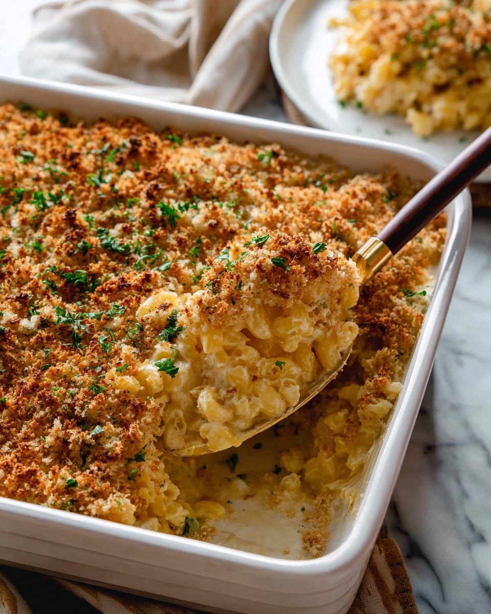 A white rectangular baking dish holds a creamy macaroni casserole with three layers visible: the bottom layer is soft cooked macaroni mixed with melted light yellow cheese, the middle layer is a rich creamy sauce, and the top is a golden brown crumbly breadcrumb crust with small green parsley pieces sprinkled on it. A golden spoon with a dark wooden handle is scooping a portion from the right side, revealing the thick layers inside. The dish sits on a white marbled surface, and a white plate with some casserole on it is blurred in the background. photo taken with an iphone --ar 4:5 --v 7