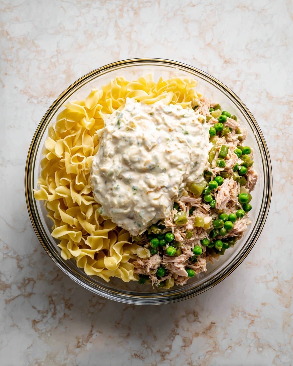 A white round casserole dish with handles shows a layered tuna noodle casserole. The bottom layers include pasta mixed with pieces of tuna, green peas, and diced celery, creating a mix of creamy white, light pink, and green colors. The top layer is golden-brown breadcrumbs that cover the casserole in a crunchy texture. A wedge of lemon with a bright yellow color rests on the side of the dish. A silver fork is partially inside the casserole, scooping some food, and there is a white marbled surface beneath the dish with some green parsley in the background and a glass of water nearby. Photo taken with an iphone --ar 4:5 --v 7