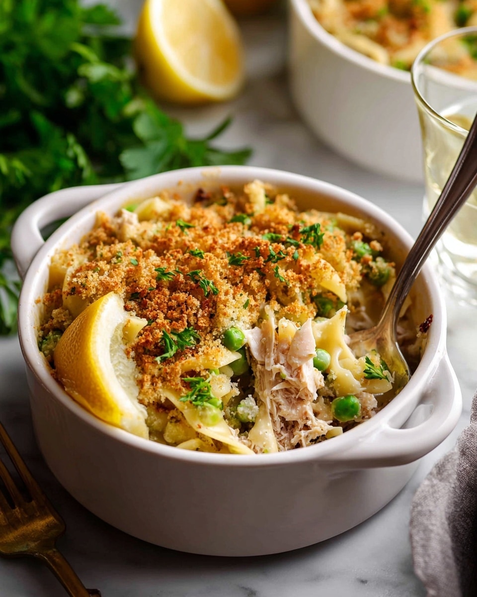 Two white bowls filled with a baked dish that has a golden brown crumbly topping mixed with small green herb pieces. The top layer looks crunchy and textured, covering a creamy layer of pasta and green peas underneath. One bowl is slightly higher in the image with the other showing a lemon wedge on the rim, adding a pop of yellow. The bowls sit on a white marbled surface next to fresh green parsley leaves, a glass of light drink, silver forks, and a mustard-colored cloth. photo taken with an iphone --ar 4:5 --v 7