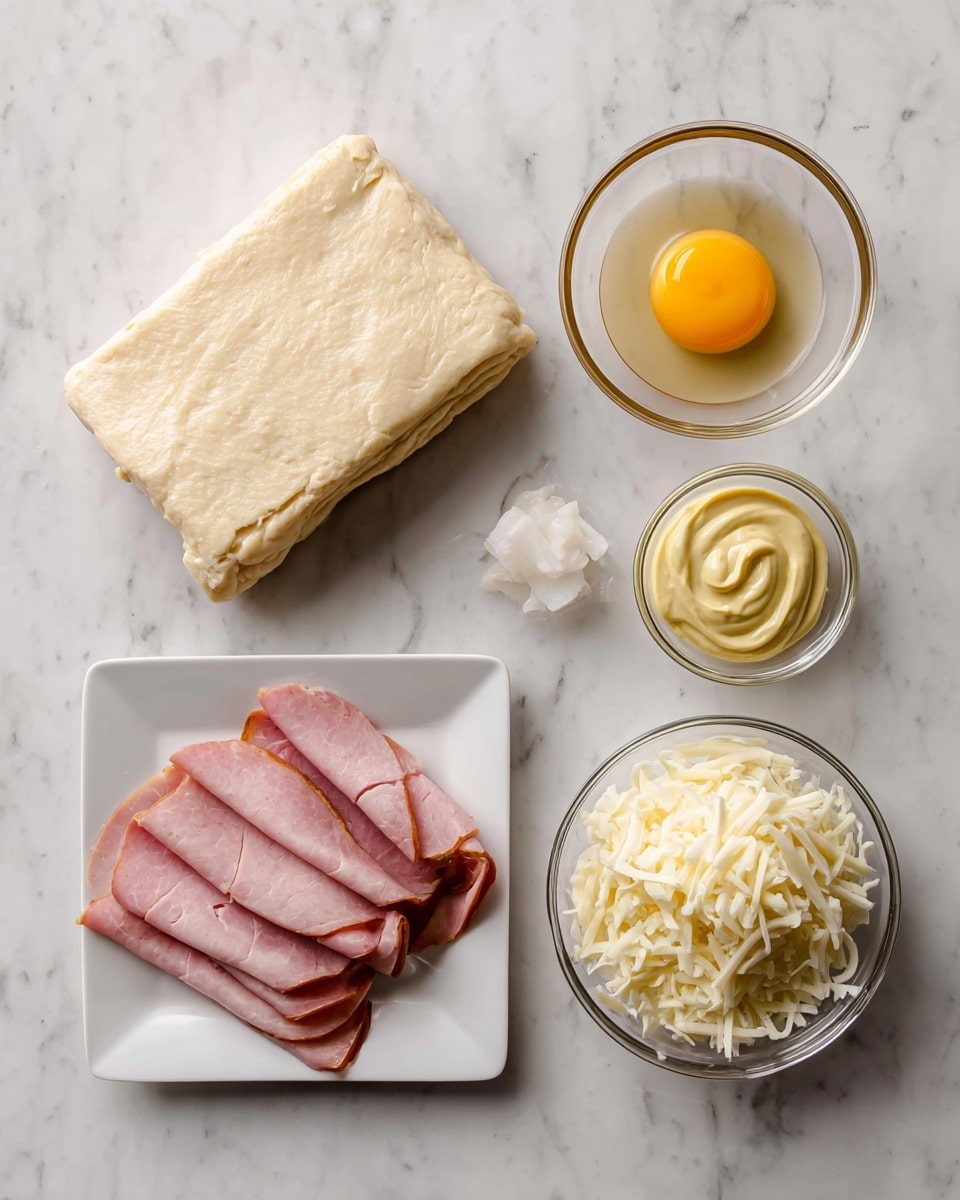 The image shows six separate ingredients on a white marbled surface, arranged neatly in a grid. On the left is a thick, rectangular sheet of pale beige dough with a soft texture. To its right, there is a white square plate with four thin, round slices of pink ham layered partially overlapping each other. Above the ham, a small clear glass bowl holds a single bright yellow egg yolk, smooth and shiny. Next to it, a small white bowl contains a swirl of light yellow mustard with a creamy texture. At the bottom right, a medium clear glass bowl is filled with shredded white cheese with a slightly uneven texture. The presentation is clean and simple, with all ingredients distinct and clearly visible. photo taken with an iphone --ar 4:5 --v 7