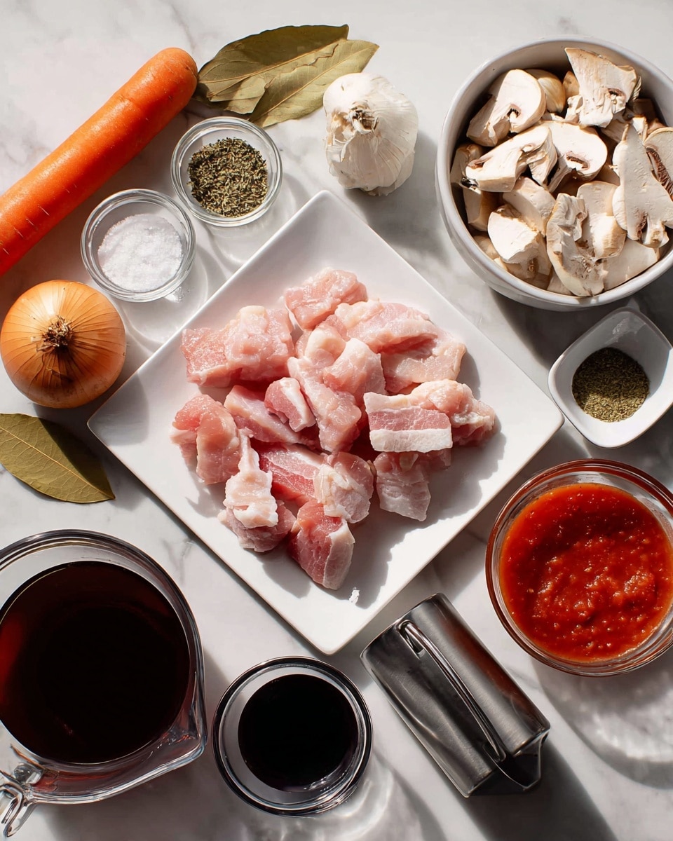 A white square plate in the center holds two piles of raw meat: on the left, thick slices of pink and white bacon with visible fat layers, and on the right, small chunks of light pink chicken pieces with smooth texture. Above the plate, a round white bowl contains two garlic cloves and two brown bay leaves. To the left, there is a fresh whole orange carrot, a whole white onion, and a small white square container filled with sliced white mushrooms that have light brown gills. Above the mushrooms, three small glass bowls each hold a different seasoning: black pepper, salt, and dried green herbs. To the right of the plate, two clear glass measuring cups are visible, one filled with dark red wine and the other with red tomato sauce showing a smooth texture. At the bottom left, another glass measuring cup contains light brown broth. To the right of the broth, a shiny metal oil can with a long spout reflects light. The whole scene is placed on a white marbled surface. photo taken with an iphone --ar 4:5 --v 7
