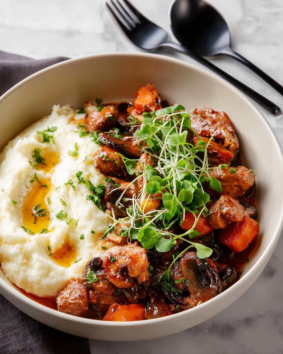 A white bowl holds two main layers: on the left is creamy mashed potatoes with a small pool of melted butter on top, showing a smooth and fluffy texture in white and pale yellow shades; on the right is a stewed mix of browned meat chunks, bright orange carrot pieces, and sliced brown mushrooms, all coated in a rich sauce and garnished with a small handful of fresh green sprouts. Resting on the bowl's edge are a black spoon and fork. The bowl is placed on a white marbled surface, with a glass of deep red wine, a wine cork, a small black bowl of green sprouts, and a folded gray cloth nearby. Photo taken with an iphone --ar 4:5 --v 7