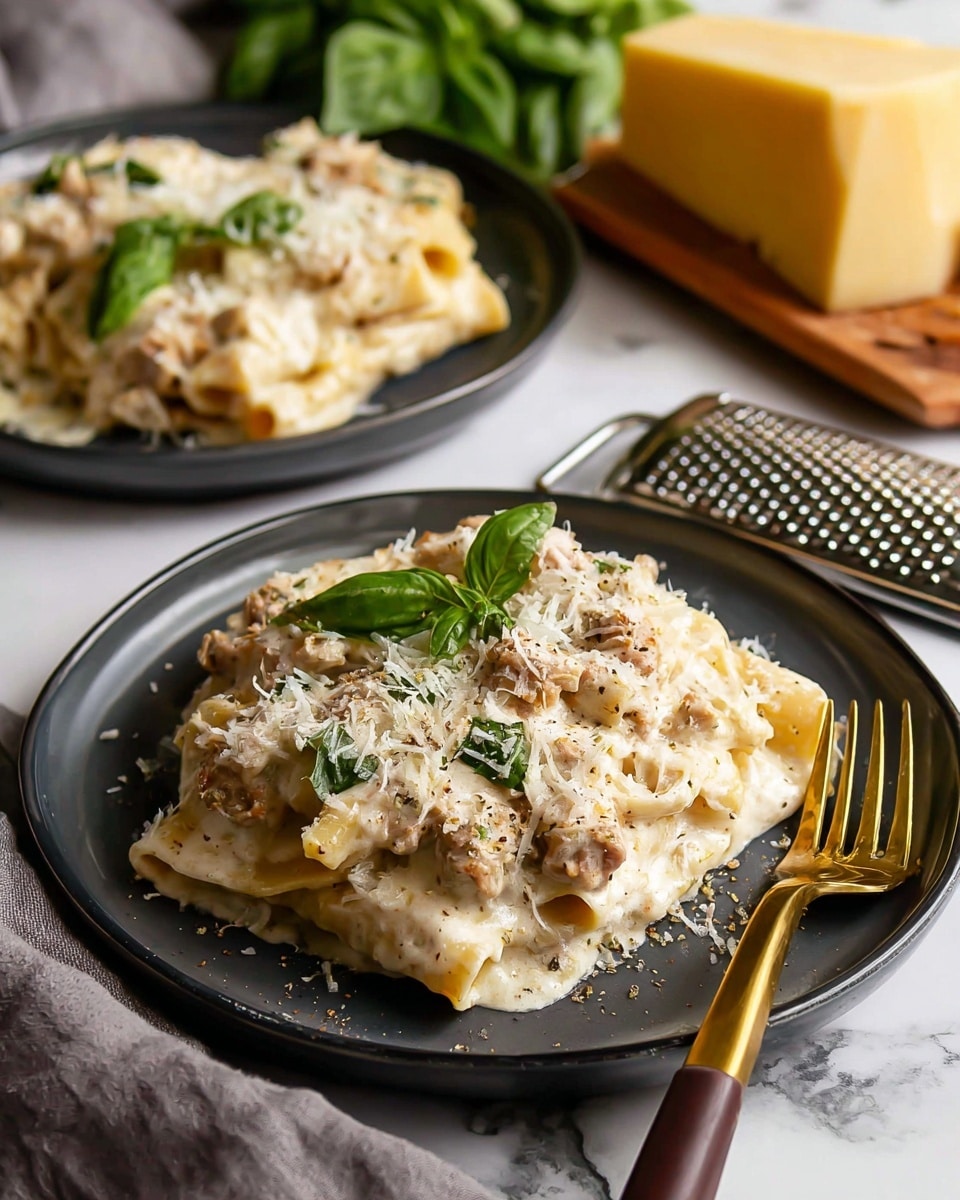 The image shows two plates of creamy white pasta with visible pieces of meat mixed in, topped with finely grated cheese and fresh green basil leaves for garnish. The pasta layers are covered in a rich sauce with a smooth texture and light brown specks, served on dark gray plates placed on a white marbled surface. In the background, there is a triangular block of yellow cheese with a small metal grater resting against it. A gold fork with a dark wooden handle is positioned on the edge of the front plate, and a gray cloth napkin lies nearby. photo taken with an iphone --ar 4:5 --v 7