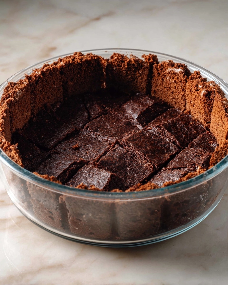 This image shows a deep round glass dish lined inside and at the bottom with thick dark brown brownie squares. The brownies have a rough, slightly cracked texture and fit tightly together to cover the whole inside surface of the dish in two layers – one layer on the sides standing vertically and one layer at the bottom laid flat. The dish sits on a white marbled surface with soft lighting. photo taken with an iphone --ar 4:5 --v 7