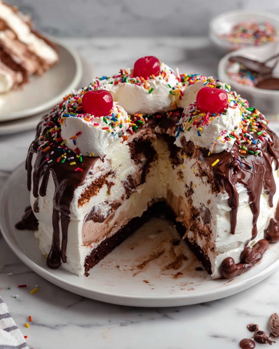 A round layered ice cream cake sliced to show its inside on a white plate with a white marbled background. The cake has a thick dark brown chocolate cake layer at the bottom and top. Inside, there are two swirled layers of chocolate and vanilla ice cream with a smooth texture. The outside is covered with white whipped cream, topped with dark chocolate sauce and colorful sprinkles. Two shiny red cherries with stems sit on top at the center. Photo taken with an iphone --ar 4:5 --v 7