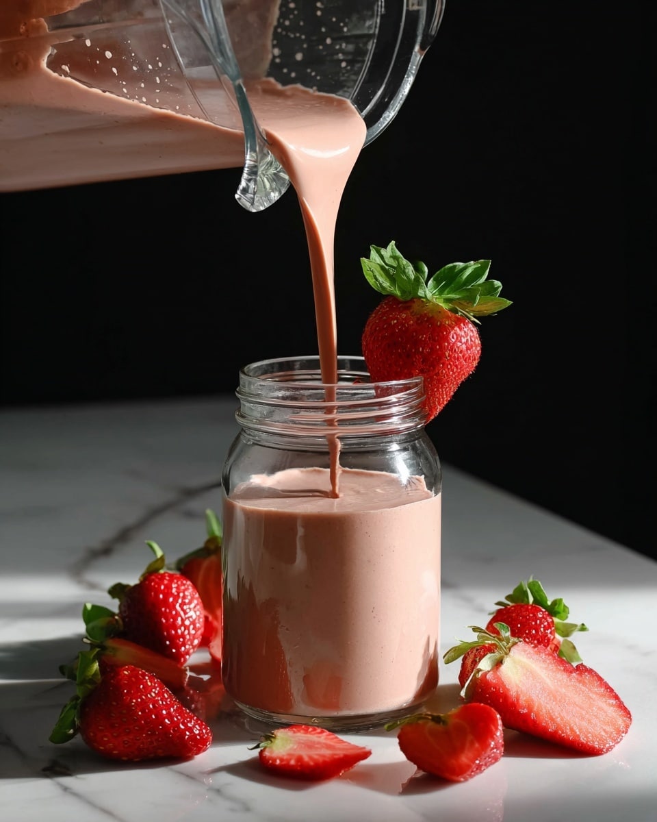 A clear glass mug filled with a light pink strawberry smoothie topped with a single bright red strawberry slice showing its fresh green stem, with a clear glass straw inserted on the right side of the mug. Two whole red strawberries with green leaves are placed on a white marbled surface above the mug, and one half strawberry rests below it on the same surface. The scene is lit with natural light creating soft shadows. photo taken with an iphone --ar 4:5 --v 7