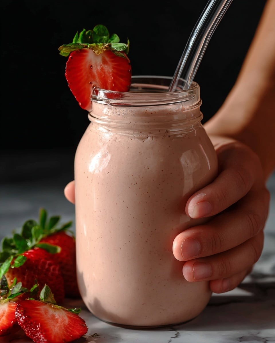 A creamy light pink smoothie fills a clear glass jar with a rounded bottom and a wide opening. A clear straw sticks out from the top right side of the jar. A fresh red strawberry, sliced in half, is placed on the rim of the jar, showing its green leafy top and bright red inside with tiny seeds. The jar is held by a woman's hand on the right side, showing fingers gently gripping the glass. The background is dark, and the surface under the jar has a white marbled texture with a few whole and sliced strawberries scattered around. photo taken with an iphone --ar 4:5 --v 7