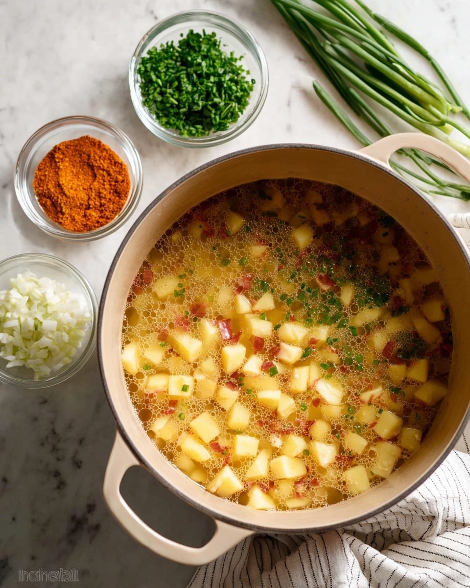 A large white oval dish filled with a creamy salad made of small, cubed white potatoes covered in a thick, smooth, light yellow sauce. The salad is sprinkled evenly with small green chopped chives and a few specks of reddish-brown seasoning. A light wooden spoon is partially inserted on the right side of the dish, mixing into the potatoes. The dish sits on a white marbled surface, with a beige textured cloth and a small white dish with red seasoning visible in the background. Photo taken with an iphone --ar 4:5 --v 7