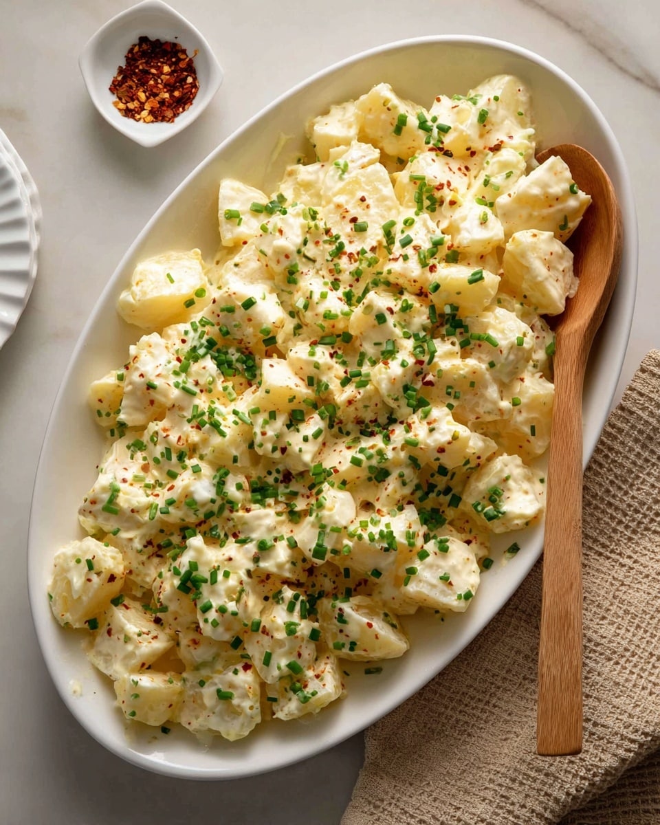 A white oval bowl filled with creamy potato salad showing three main layers: small white potato cubes at the bottom mixed with a thick white mayonnaise dressing in the middle and the top layer sprinkled evenly with bright green chopped chives and a dusting of light orange paprika. The bowl sits on a white marbled surface, and in the background, there is a soft, light brown textured cloth draped casually. Photo taken with an iphone --ar 4:5 --v 7