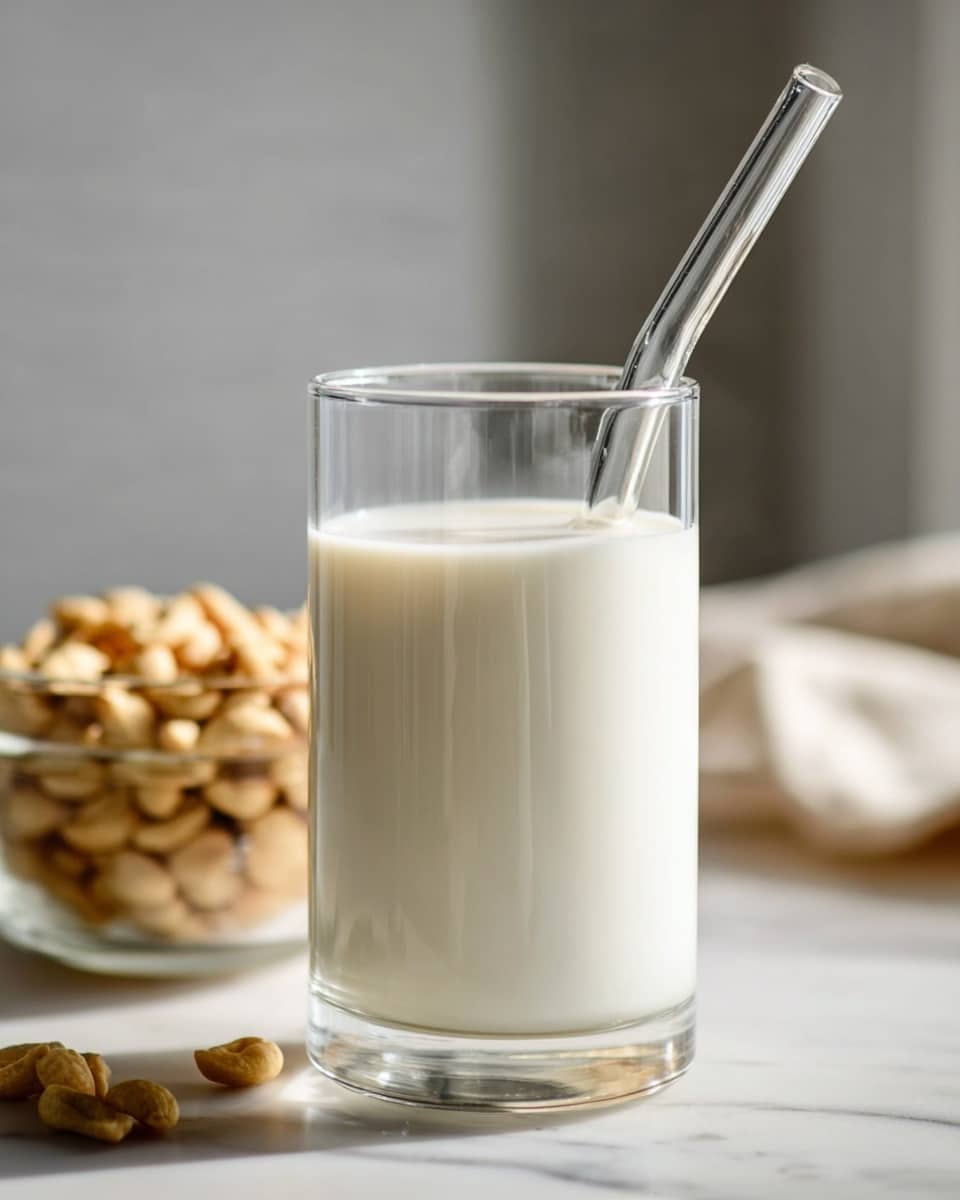 A clear glass filled nearly to the top with a smooth, creamy white liquid, likely milk, positioned center and slightly right in the frame. A transparent straw is placed inside the glass, angled toward the right. In the blurred background to the left, there is a small clear bowl holding a pile of light beige nuts. The whole scene is set on a white marbled surface with a soft, out-of-focus light gray background, creating a clean and simple look. photo taken with an iphone --ar 4:5 --v 7