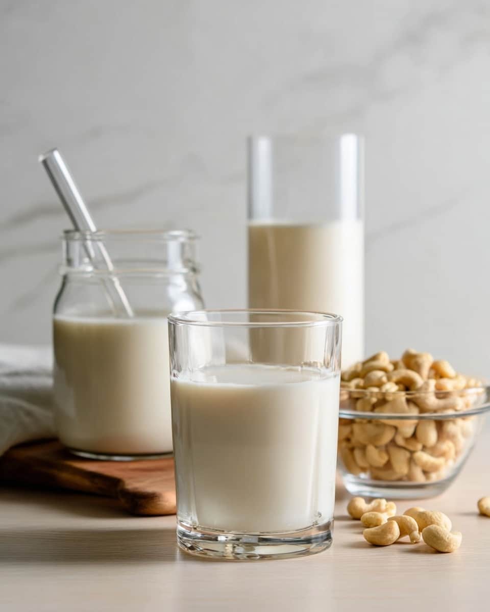 The image shows three clear glass containers filled with a creamy white liquid, arranged on a light-colored wooden surface. In the front, there is a short glass filled almost to the top with the liquid. Behind it to the left, there is a jar with the same liquid and a transparent glass straw inside. To the right behind the short glass, a tall glass filled with the liquid stands next to a small clear bowl filled with beige cashew nuts. The background is a simple white marbled texture, giving the scene a clean and bright look. photo taken with an iphone --ar 4:5 --v 7
