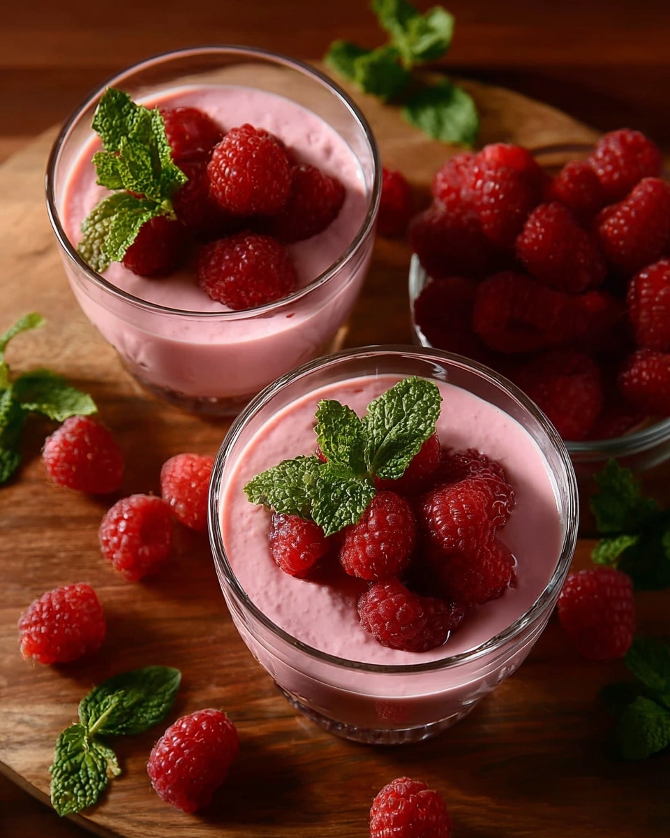 Two clear glasses filled with a creamy pink smoothie. One glass has a green straw inserted and is topped with three whole red raspberries and two fresh green mint leaves. The other glass is topped with four whole red raspberries and two mint leaves as well, with a pink straw resting on the rim. The glasses are held by a woman's hand and sit on a wooden surface scattered with more fresh raspberries. The overall look is fresh and vibrant with smooth textures and bright fruity colors. photo taken with an iphone --ar 4:5 --v 7