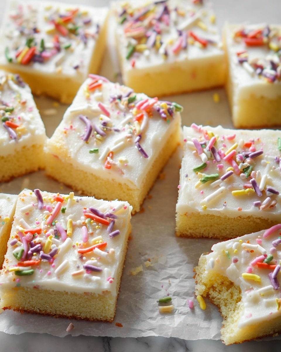 The image shows several square-shaped yellow cake bars arranged on a white marbled surface with a piece of white parchment paper underneath. Each bar has two visible layers: the bottom layer is a soft, light yellow cake that looks moist, and the top layer is a smooth white frosting spread evenly. The frosting is decorated with small, colorful cylindrical sprinkles in pastel colors like pink, yellow, green, orange, purple, and white. Some bars have small bites taken out of the corners, revealing the texture inside. The overall look is bright and inviting, with a casual, homemade feel. photo taken with an iphone --ar 4:5 --v 7