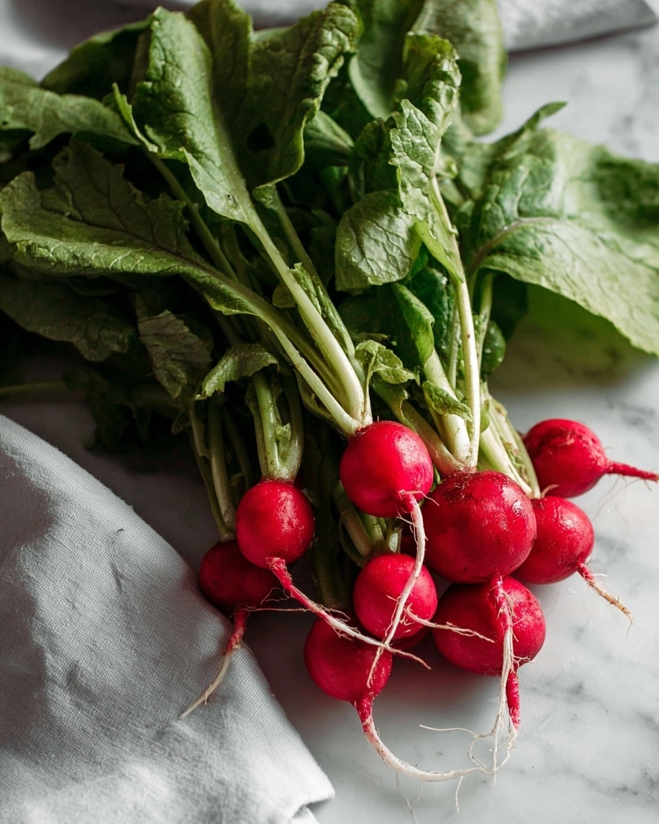 A bunch of fresh radishes with bright red round roots and long, green leafy tops is placed on a white marbled surface. The radishes have thin white roots sticking out, and their green leaves are wide and textured, showing veins and slight folds. A soft white cloth is partially visible on the left side under the radishes, adding a delicate touch to the scene. The radishes are arranged naturally with some roots overlapping. photo taken with an iphone --ar 4:5 --v 7
