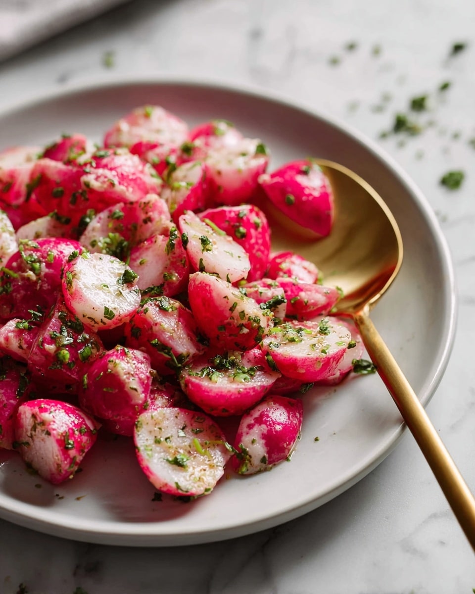 The image shows a white plate with a thin dark rim, filled with roughly two layers of halved radishes. The radishes have a vibrant mix of pink and white colors with a juicy, slightly shiny texture. They are sprinkled with small pieces of chopped green herbs and black pepper, giving a peppered and fresh look. A gold spoon rests on the right side of the plate, holding a few radish pieces with herb sprinkles. The plate sits on a white marbled surface with some scattered herbs around. photo taken with an iphone --ar 4:5 --v 7