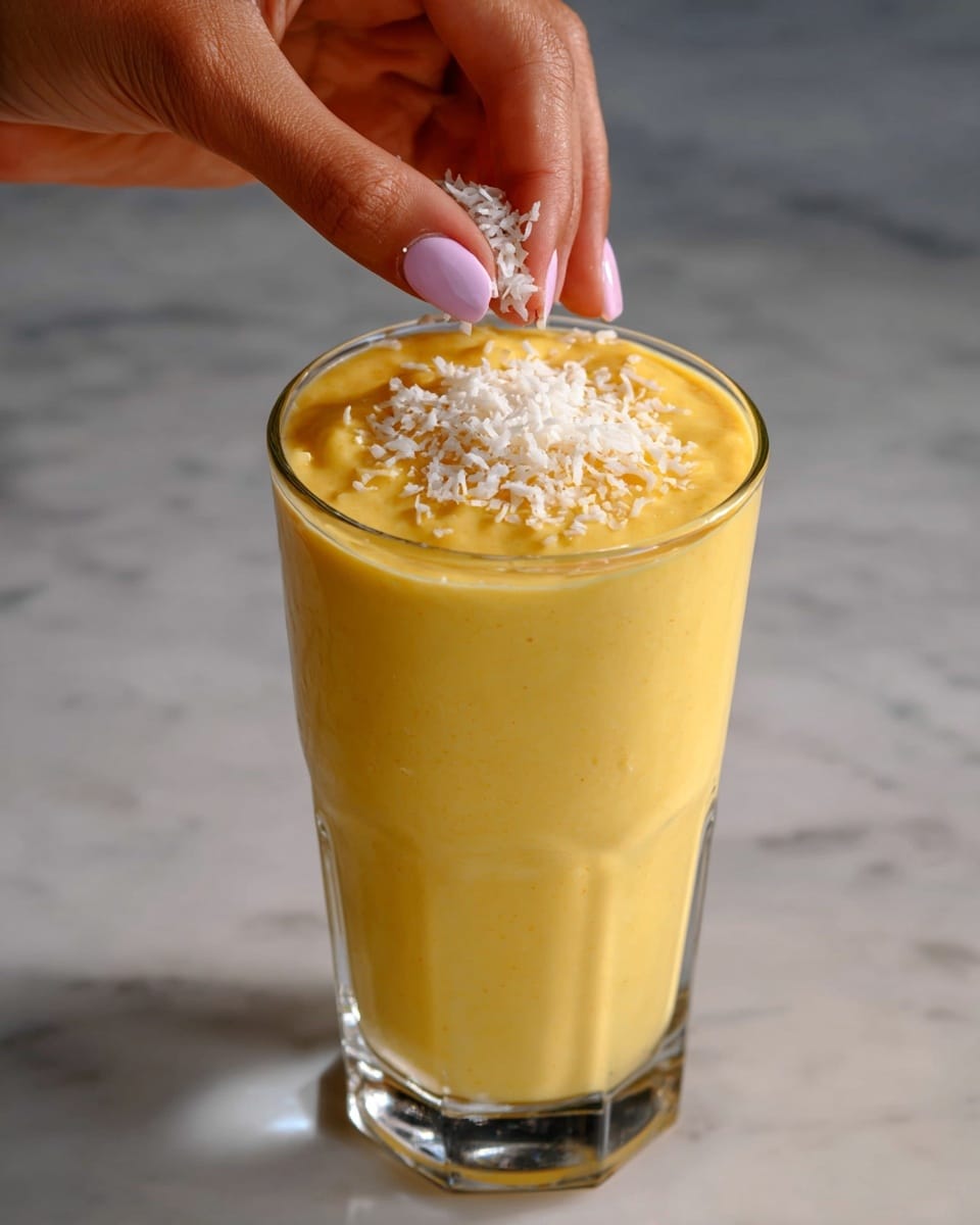 A tall clear glass is filled with smooth, thick, yellow mango smoothie that fills it near the top. On the surface, a small pile of white shredded coconut sits in the center. Above the glass, a woman's hand with light pink nails is gently sprinkling more shredded coconut onto the smoothie. The glass is placed on a white marbled surface. photo taken with an iphone --ar 4:5 --v 7