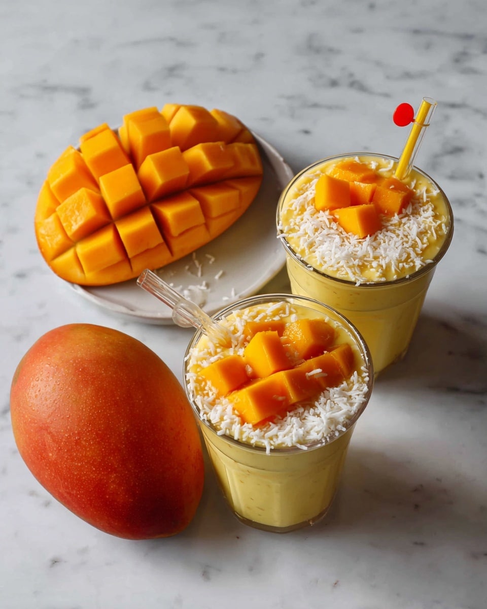 Two clear glass cups sit on a white marbled surface, each filled with three layers: a bottom layer of smooth yellow mango smoothie, a middle layer of white shredded coconut, and a top layer of bright orange mango cubes. Each cup has a clear straw with a colored ring near the top—one yellow and one red. Above the cups is a half mango with the flesh scored into small square shapes, showing a bright orange color. Below is another half mango with smooth orange flesh visible. photo taken with an iphone --ar 4:5 --v 7